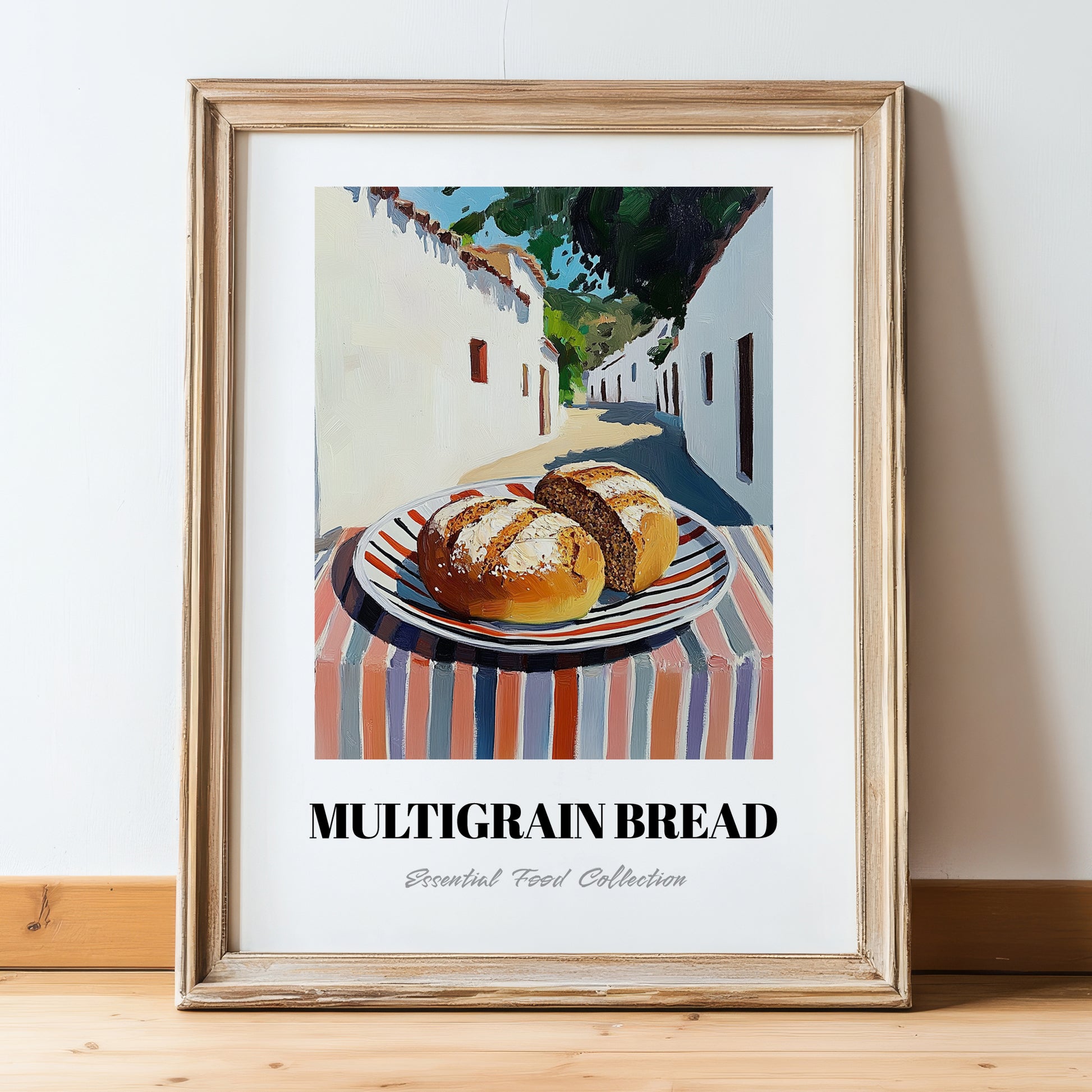 Multigrain Bread – White village Café on the Corner, American Food Still Life, in wooden frame leaning on the floor