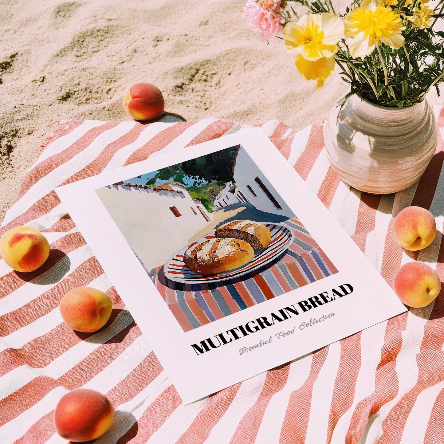 Multigrain Bread – White village Café on the Corner, American Food Still Life, unframed on coastal sand