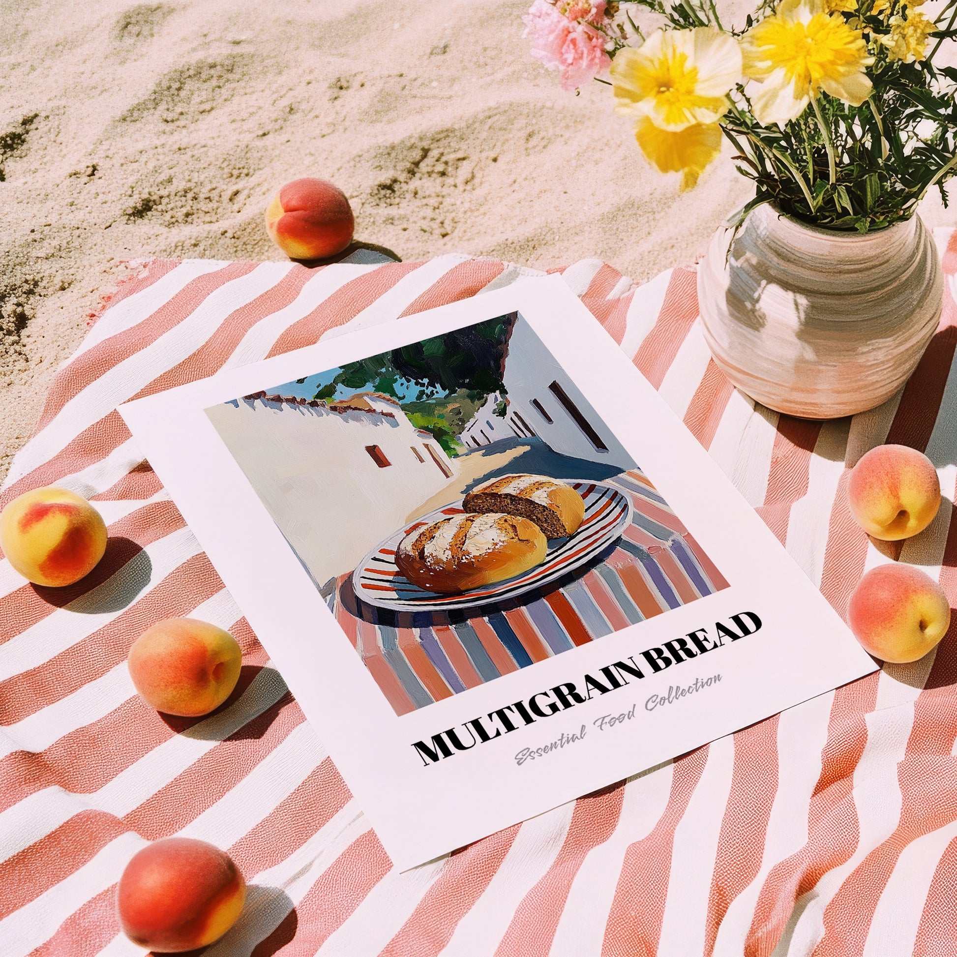Multigrain Bread – White village Café on the Corner, American Food Still Life, unframed on coastal sand