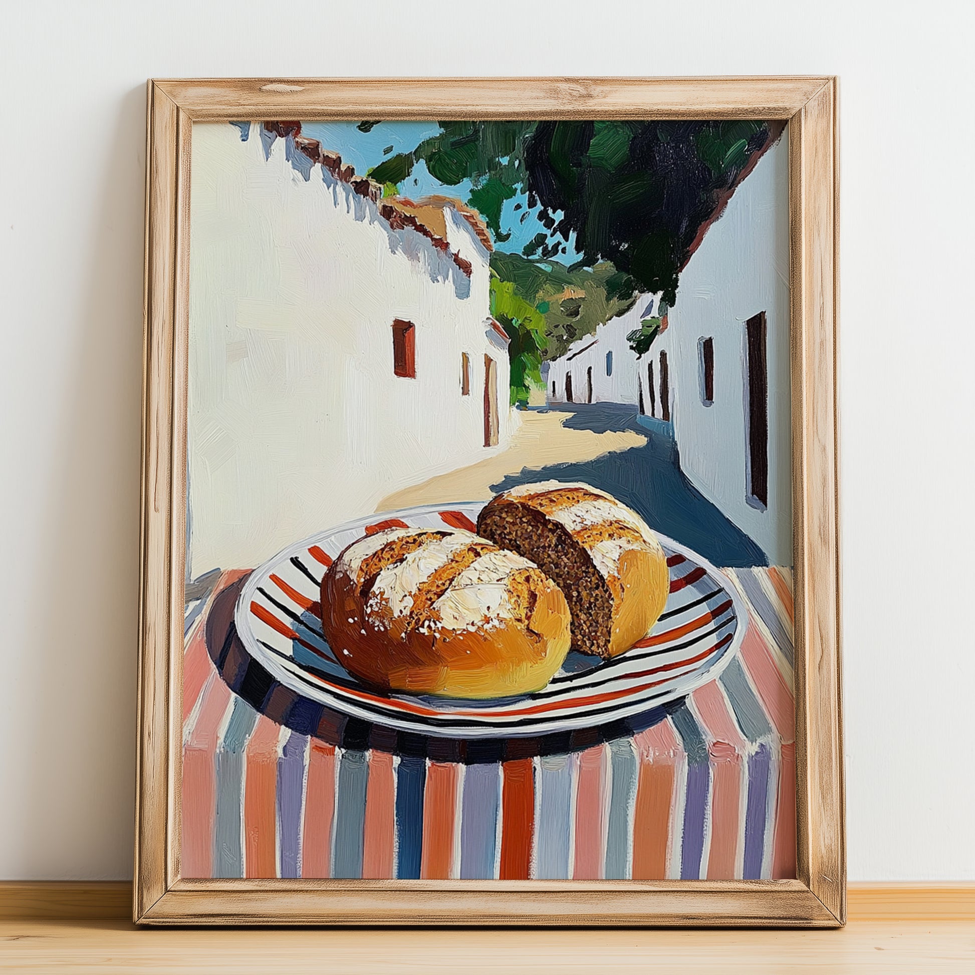 Multigrain Bread – White village Café on the Corner, American Food Still Life, no-text version framed in wood