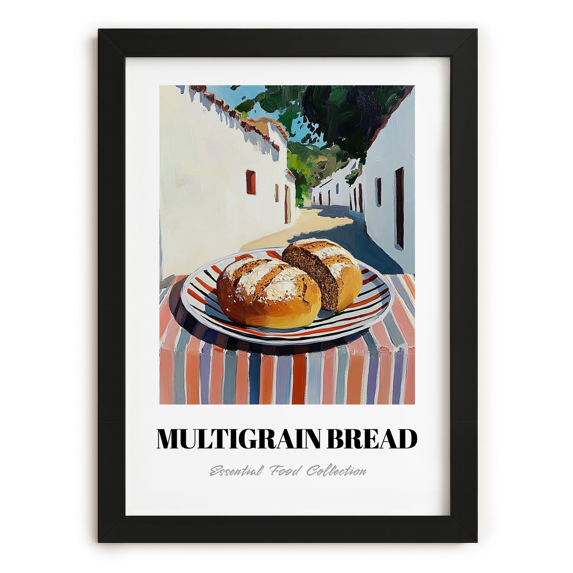 Multigrain Bread – White village Café on the Corner, American Food Still Life, in sleek black frame