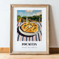 Focaccia – Hilltop Table Scene, Italian Food Illustration, in wooden frame leaning on the floor