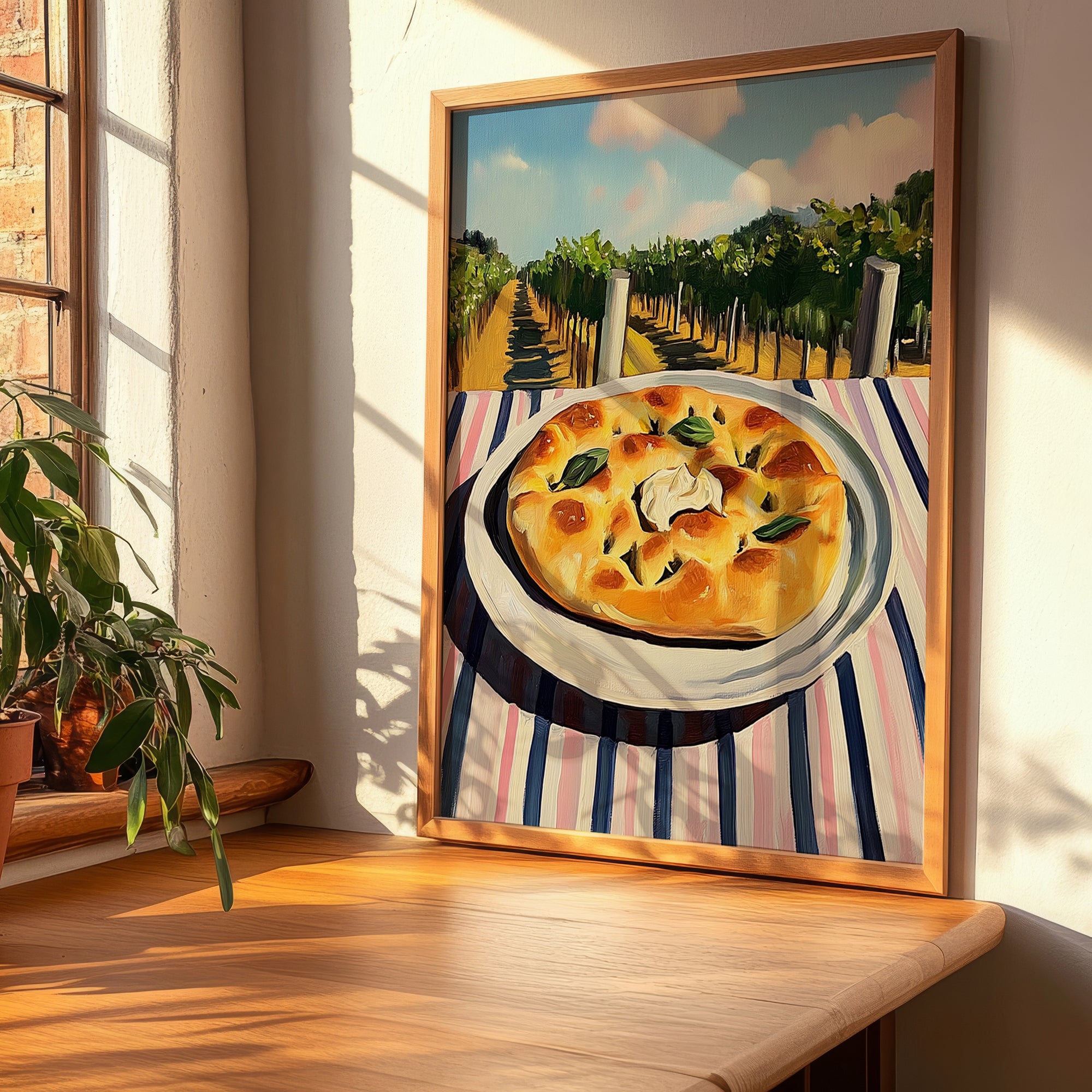 Focaccia – Hilltop Table Scene, Italian Food Illustration, clean layout with no caption