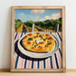 Focaccia – Hilltop Table Scene, Italian Food Illustration, no-text version framed in wood