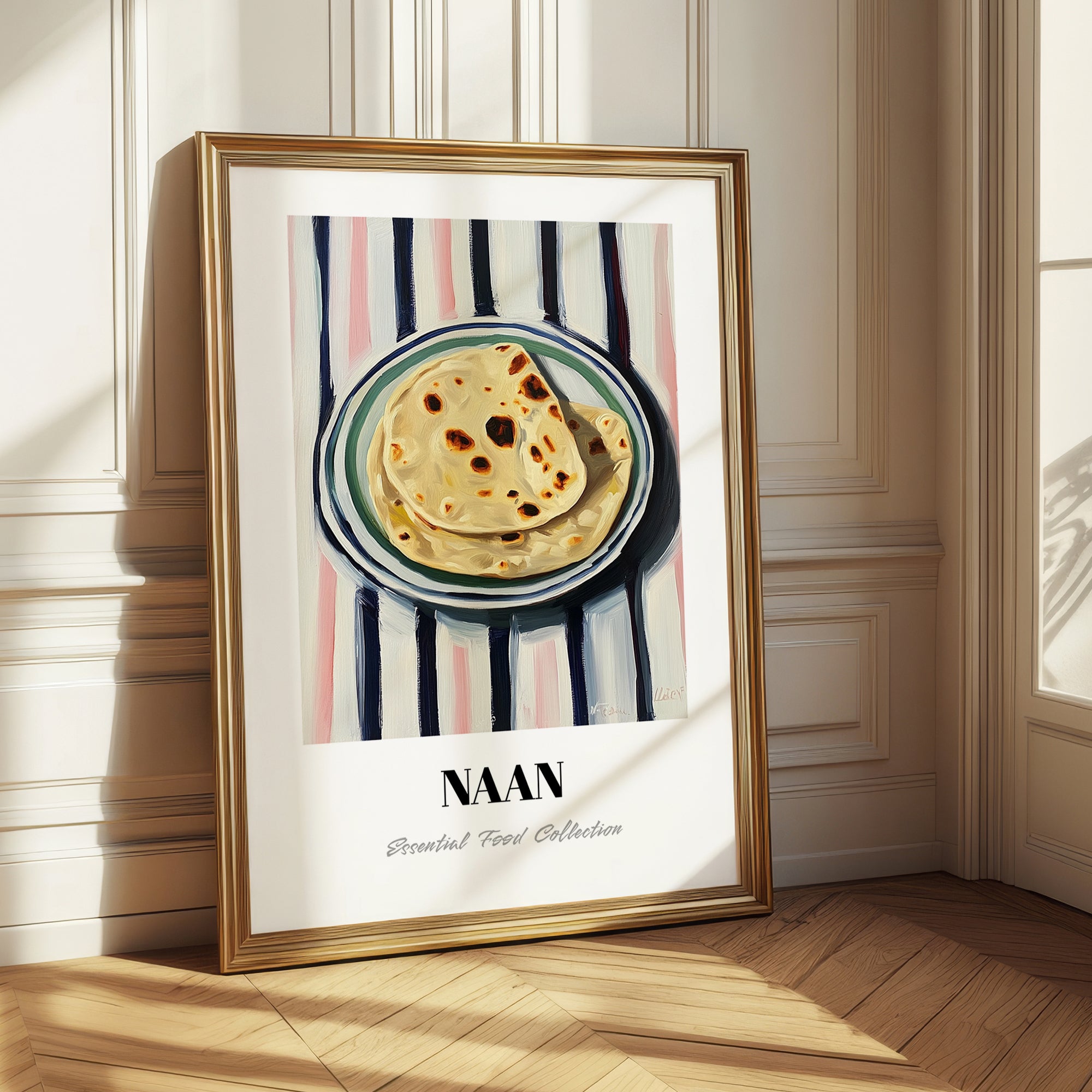 Naan – on Striped Tablecloth, Indian Food Still Life