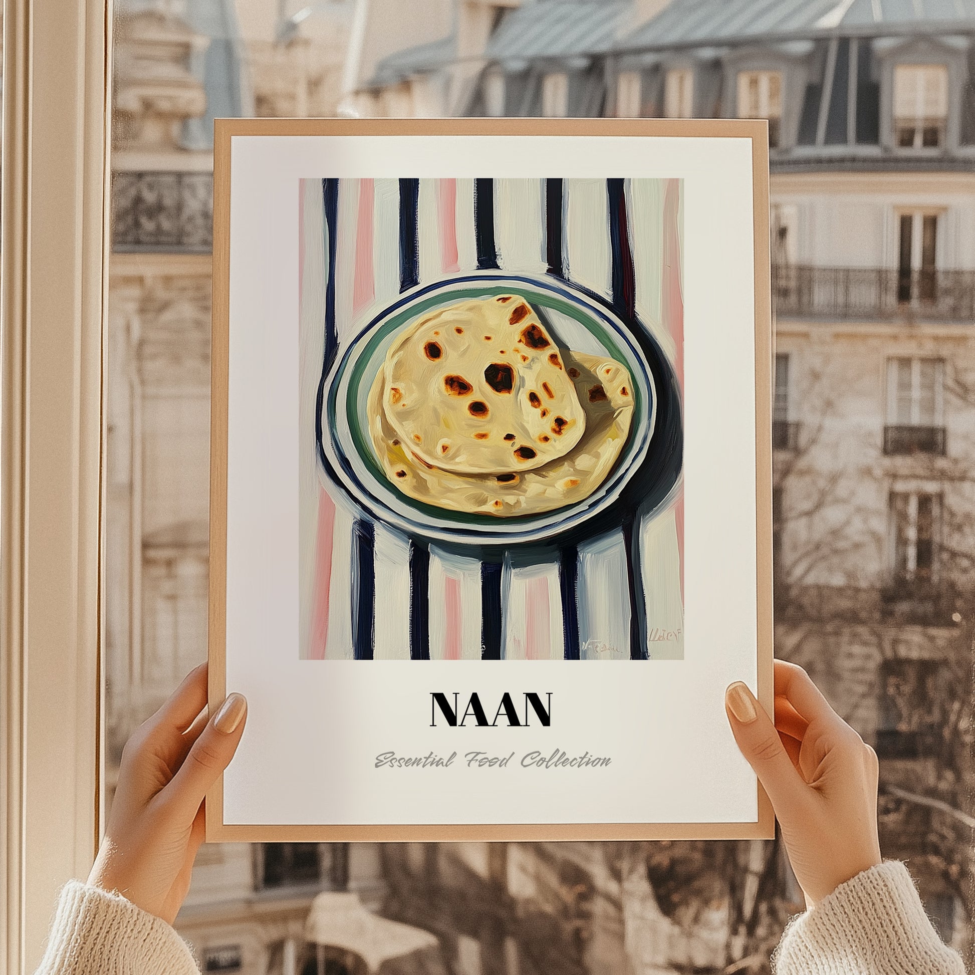Naan – on Striped Tablecloth, Indian Food Still Life, styled in a charming Paris street view