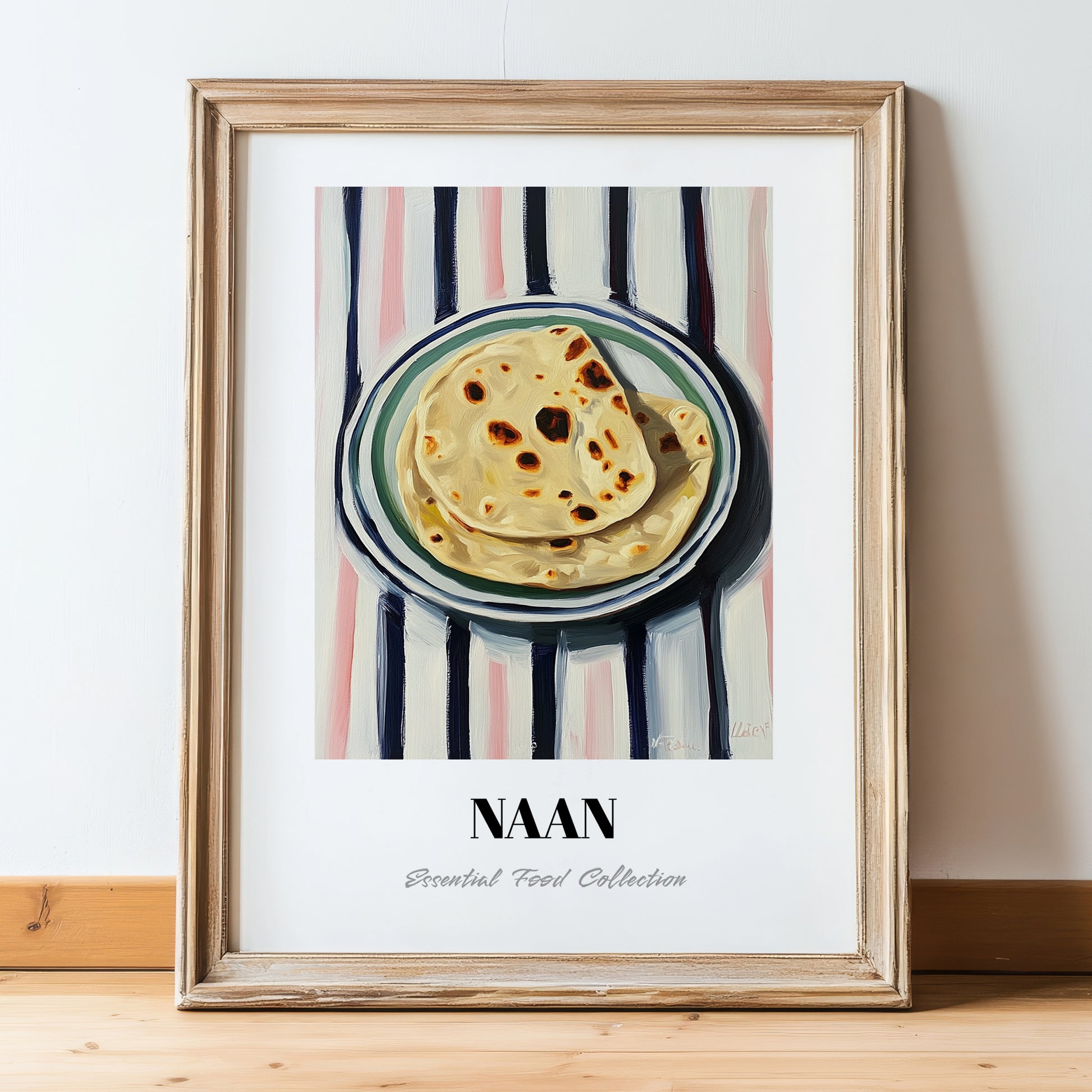 Naan – on Striped Tablecloth, Indian Food Still Life, in wooden frame leaning on the floor
