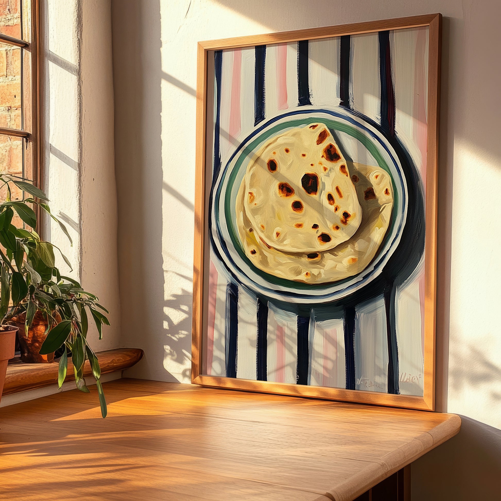 Naan – on Striped Tablecloth, Indian Food Still Life, clean layout with no caption