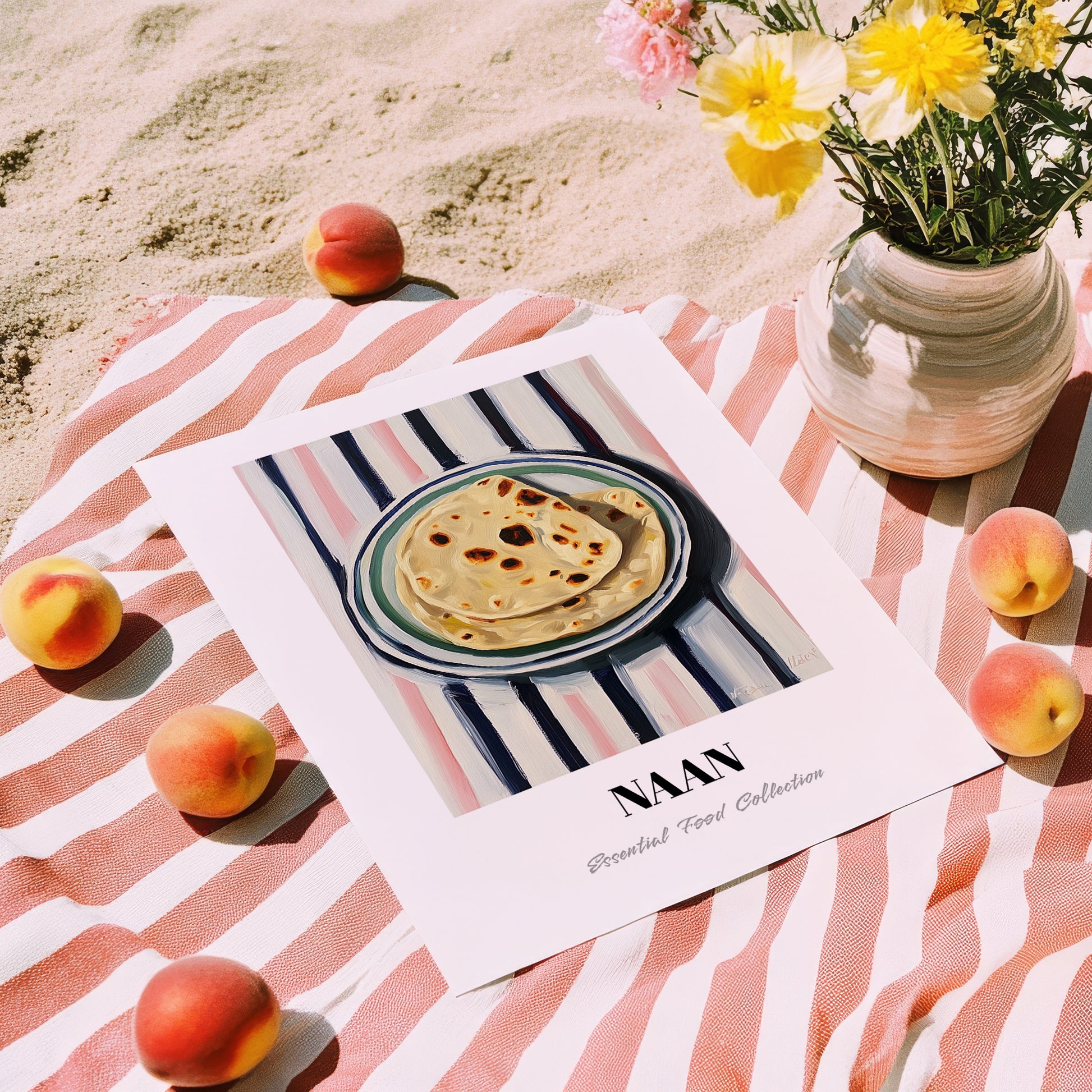 Naan – on Striped Tablecloth, Indian Food Still Life, unframed on coastal sand
