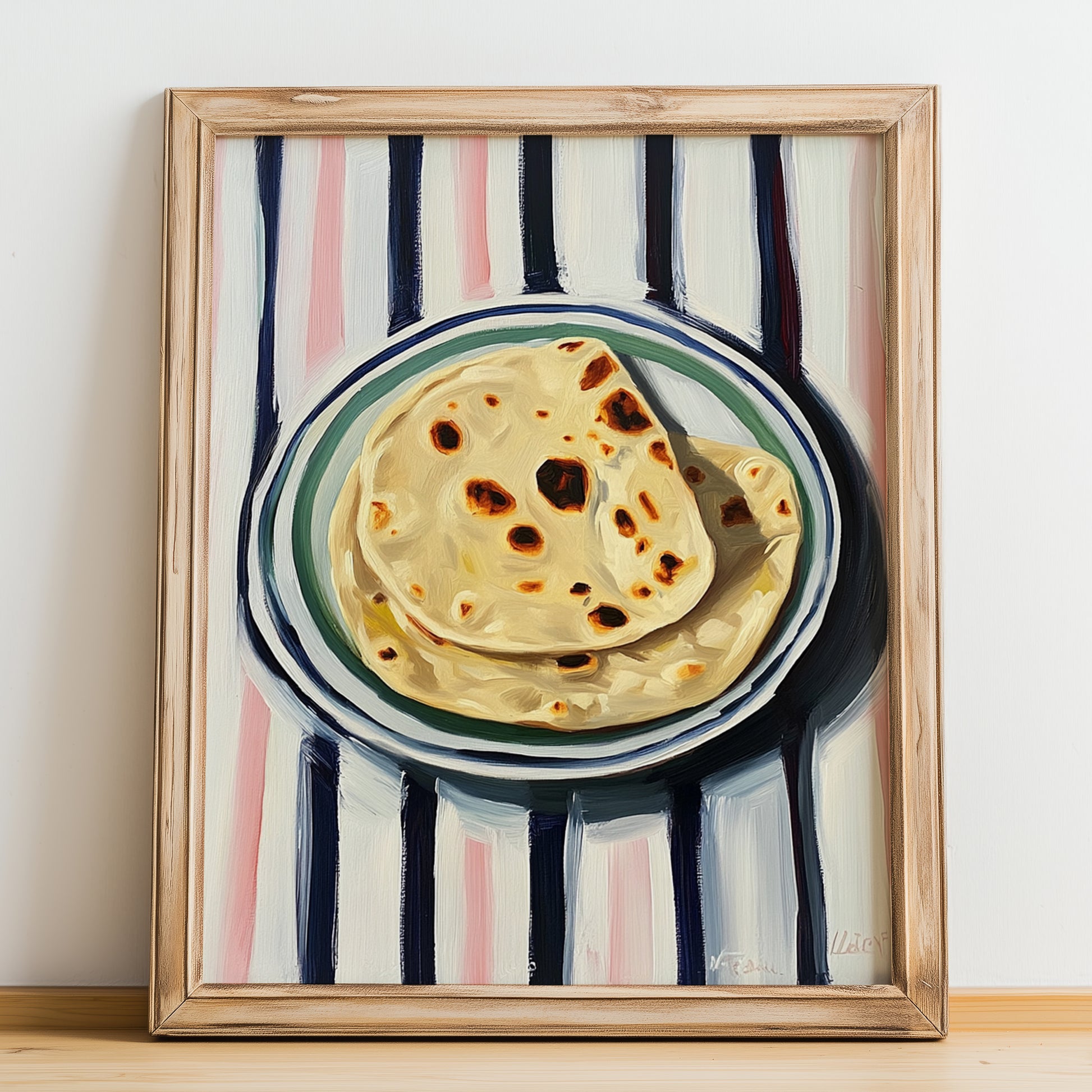 Naan – on Striped Tablecloth, Indian Food Still Life, no-text version framed in wood