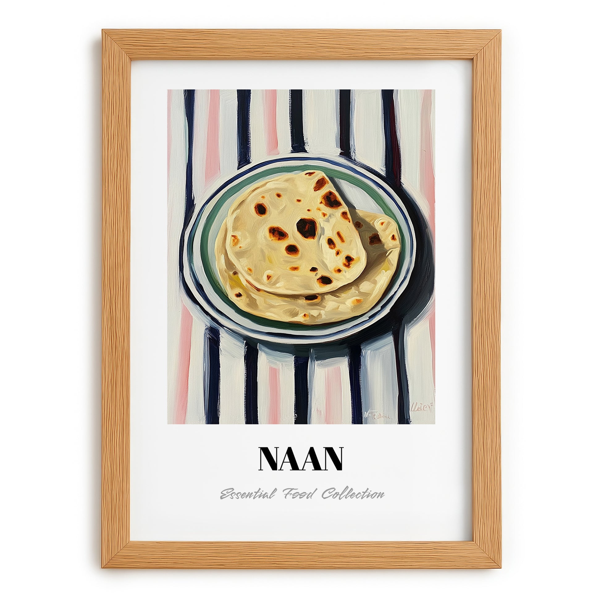 Naan – on Striped Tablecloth, Indian Food Still Life, set in oak frame
