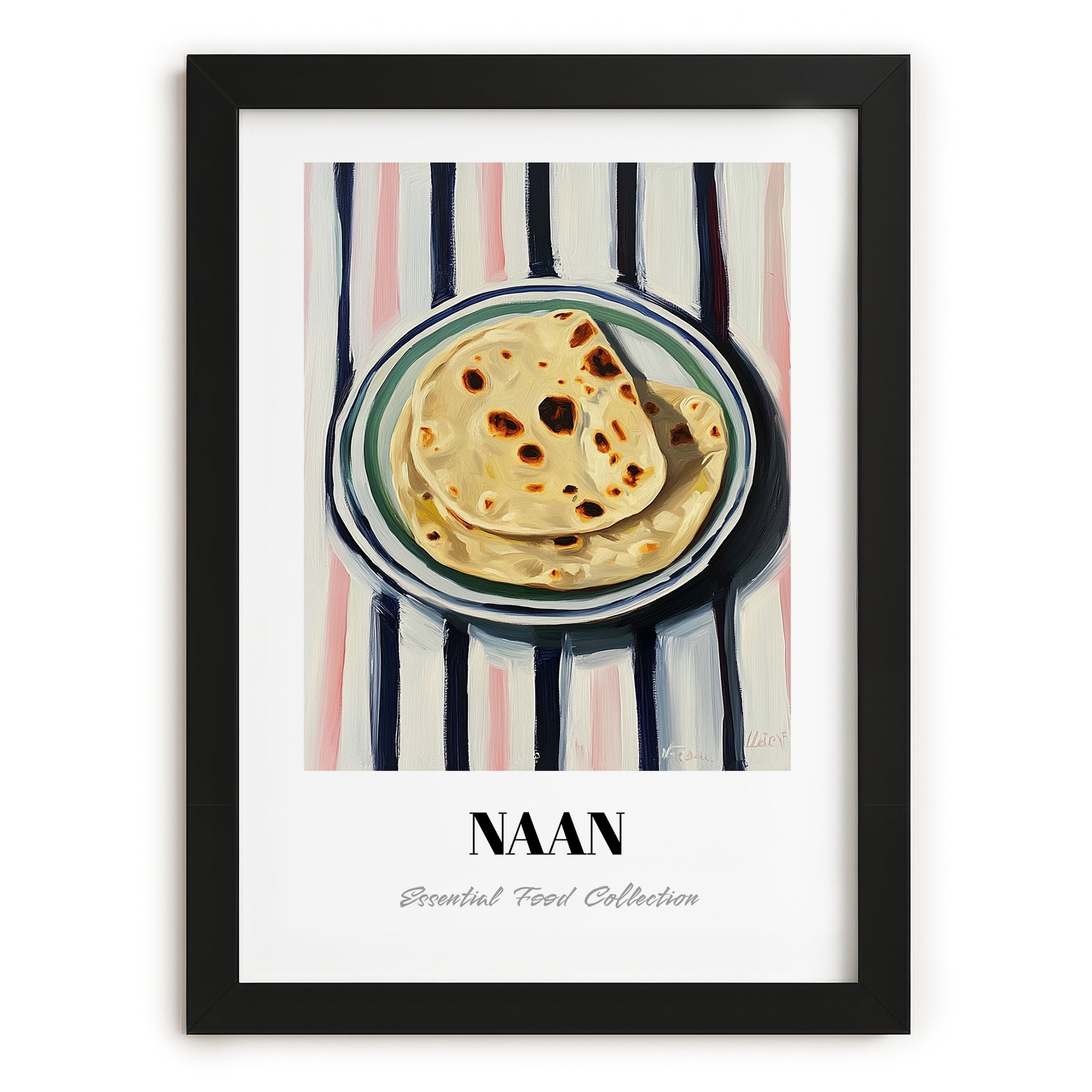 Naan – on Striped Tablecloth, Indian Food Still Life, in sleek black frame