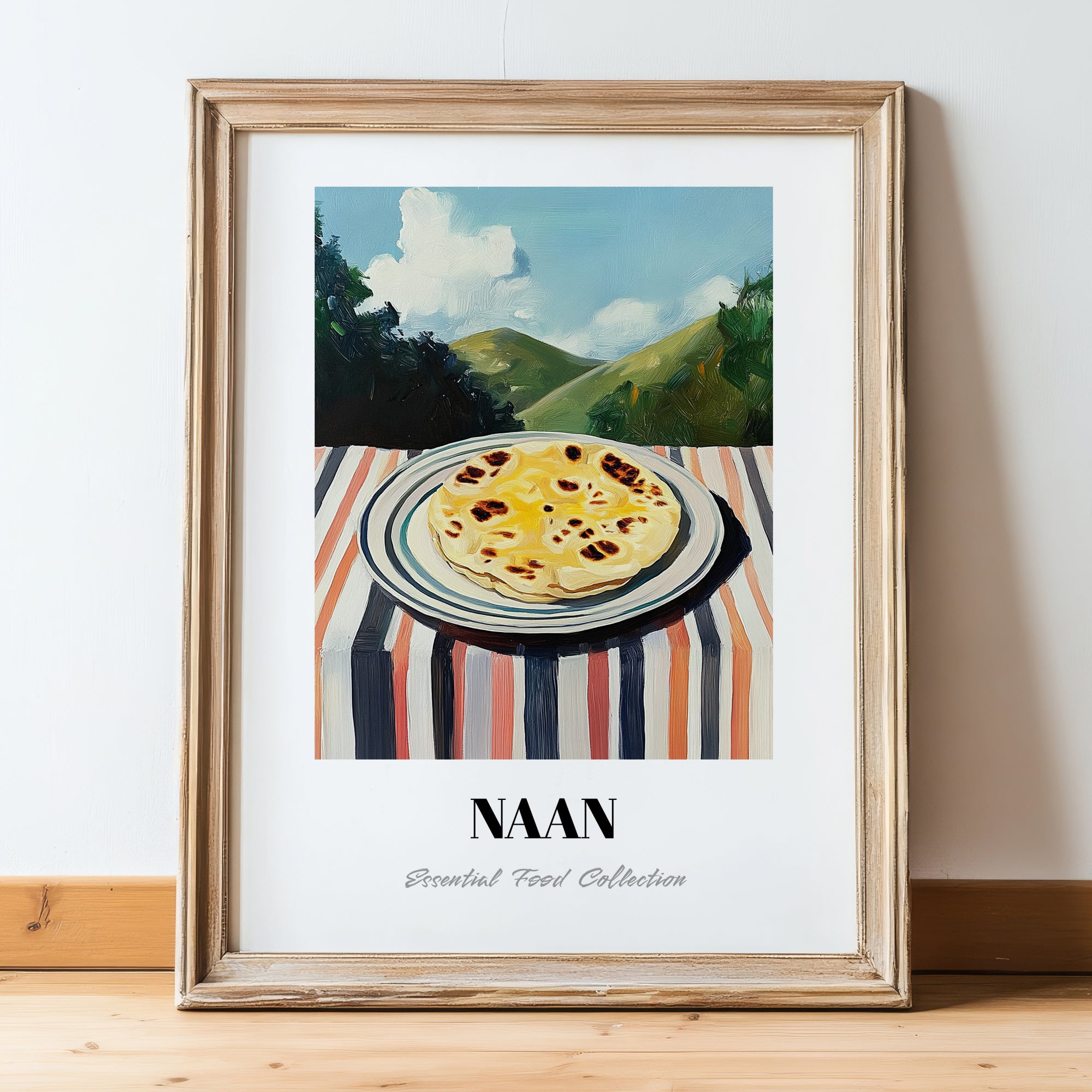Naan – Hilltop Café Scene, Indian Food Wall Art, in wooden frame leaning on the floor