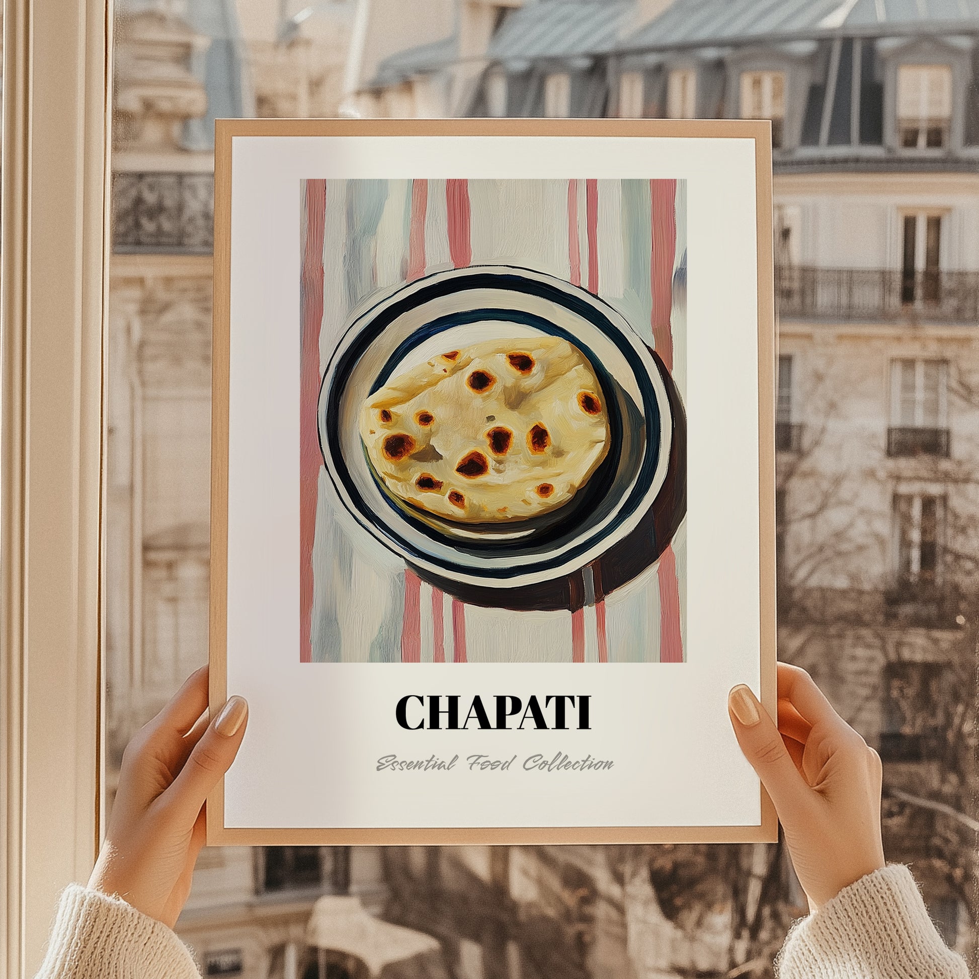 Chapati – on Striped Tablecloth, Indian Food Wall Decor, styled in a charming Paris street view