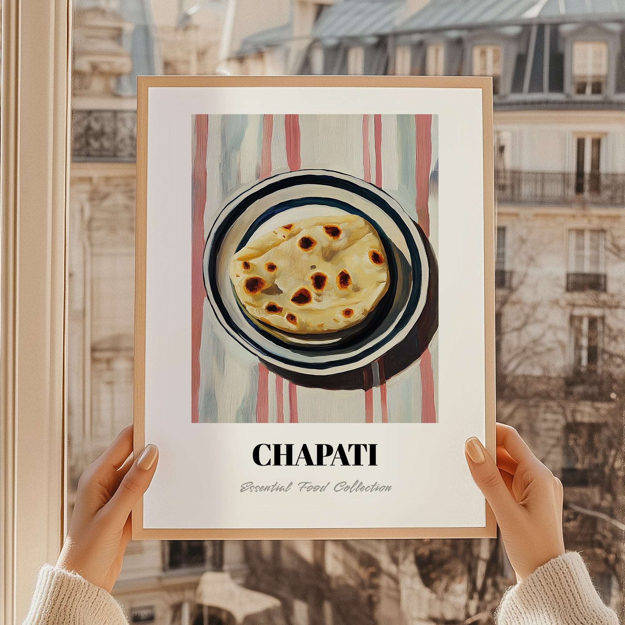 Chapati – on Striped Tablecloth, Indian Food Wall Decor, styled in a charming Paris street view