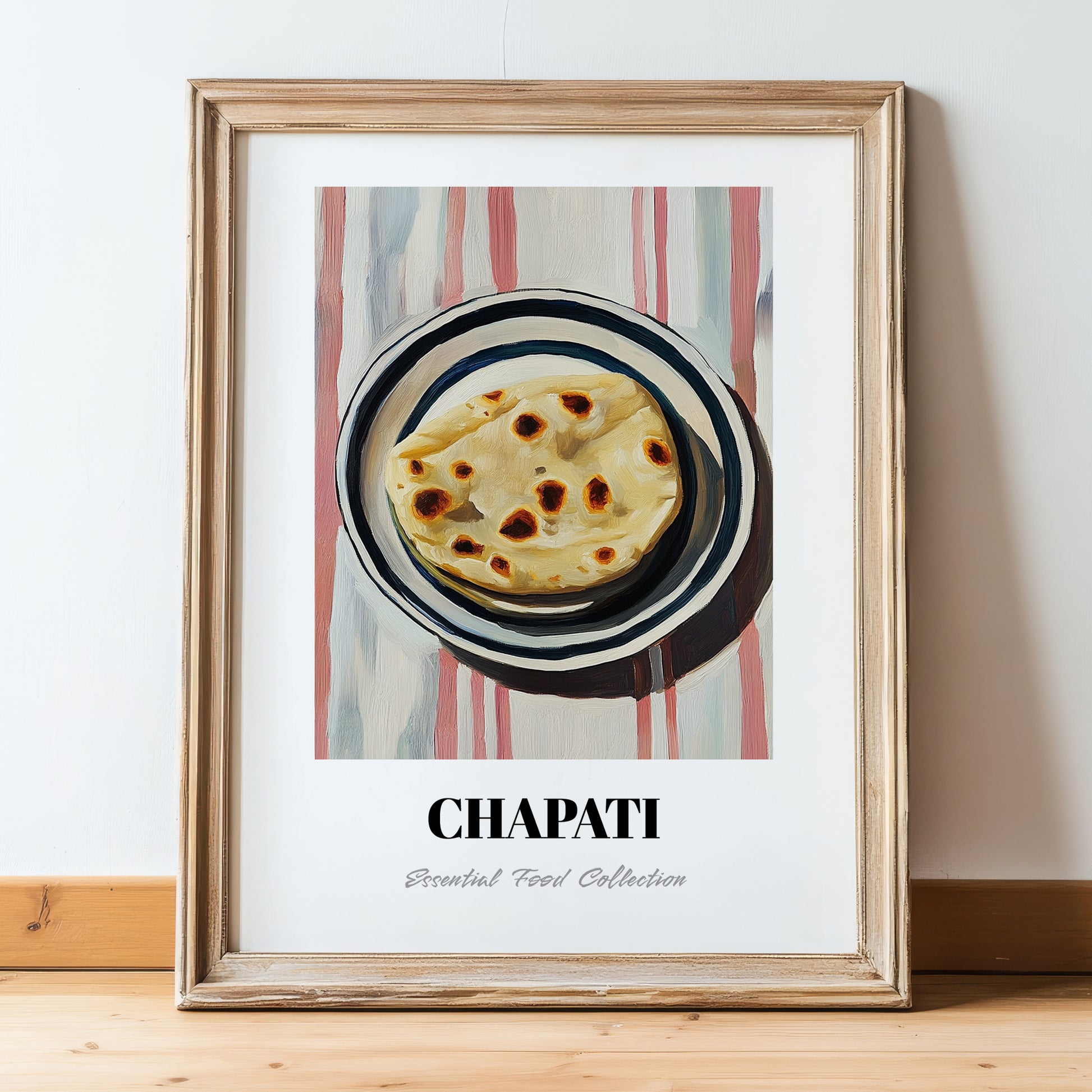 Chapati – on Striped Tablecloth, Indian Food Wall Decor, in wooden frame leaning on the floor
