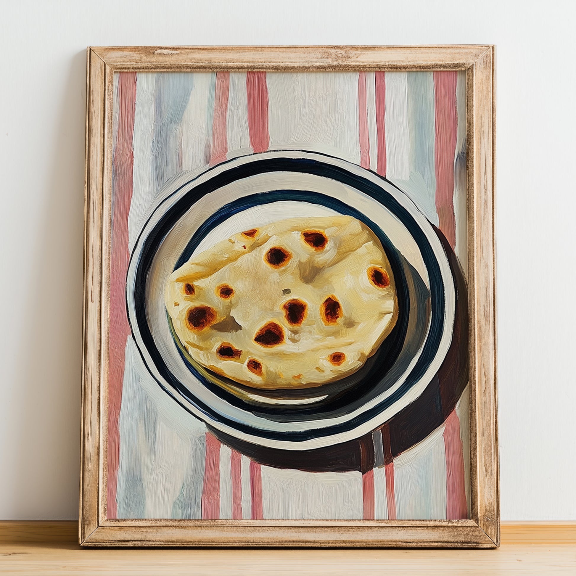 Chapati – on Striped Tablecloth, Indian Food Wall Decor, no-text version framed in wood