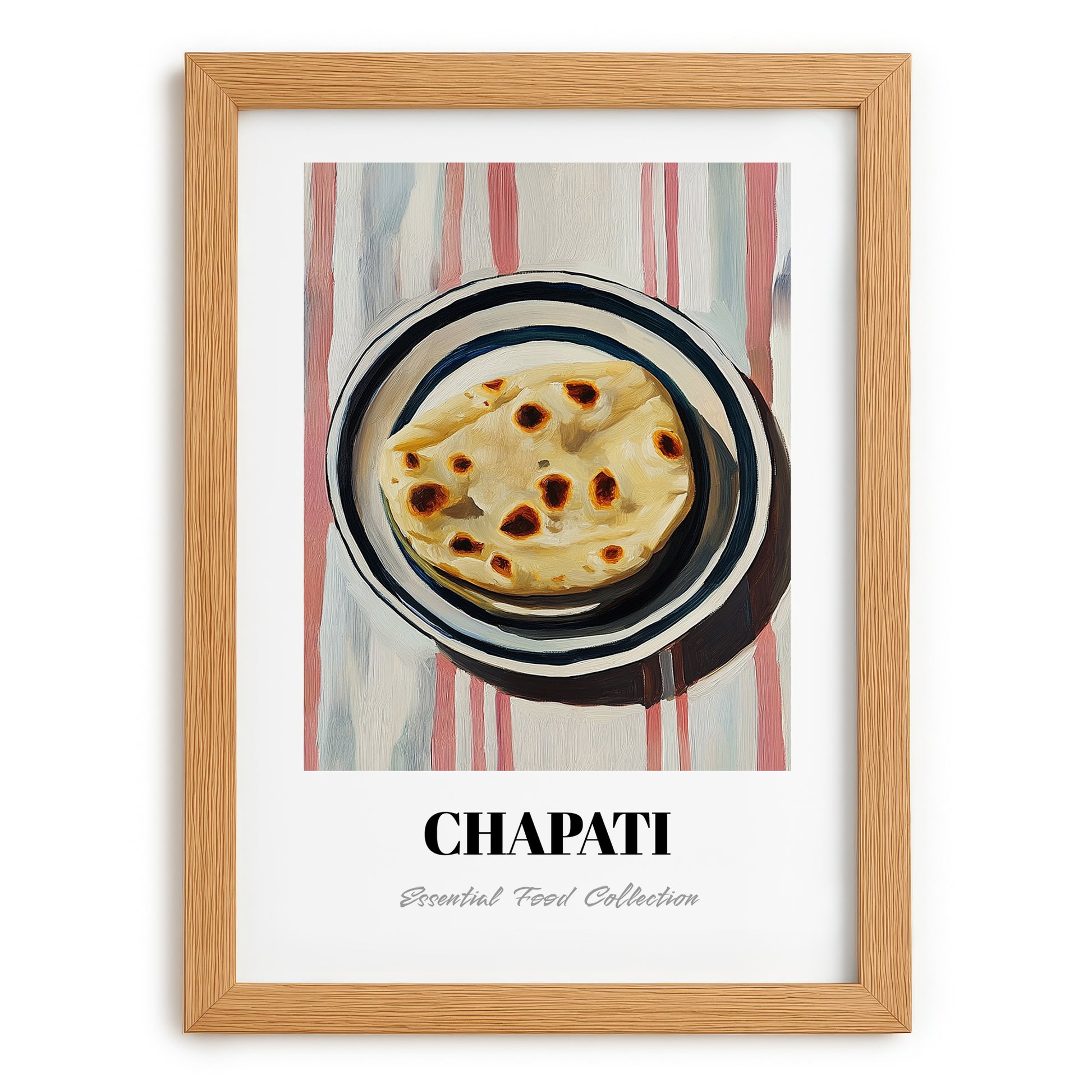 Chapati – on Striped Tablecloth, Indian Food Wall Decor, set in oak frame
