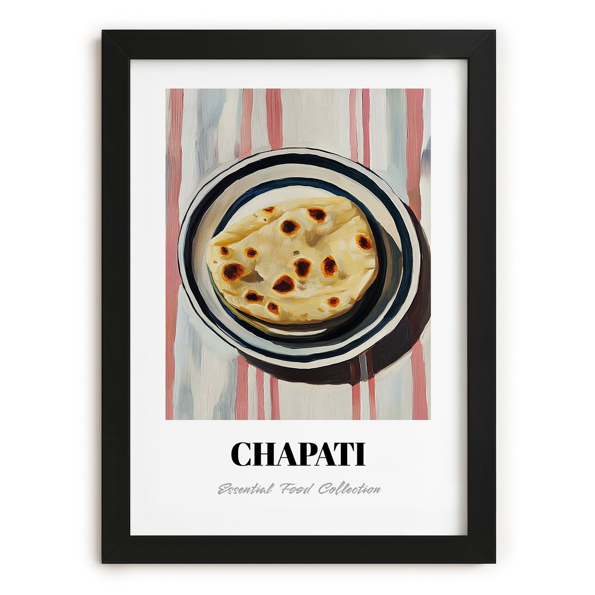 Chapati – on Striped Tablecloth, Indian Food Wall Decor, in sleek black frame