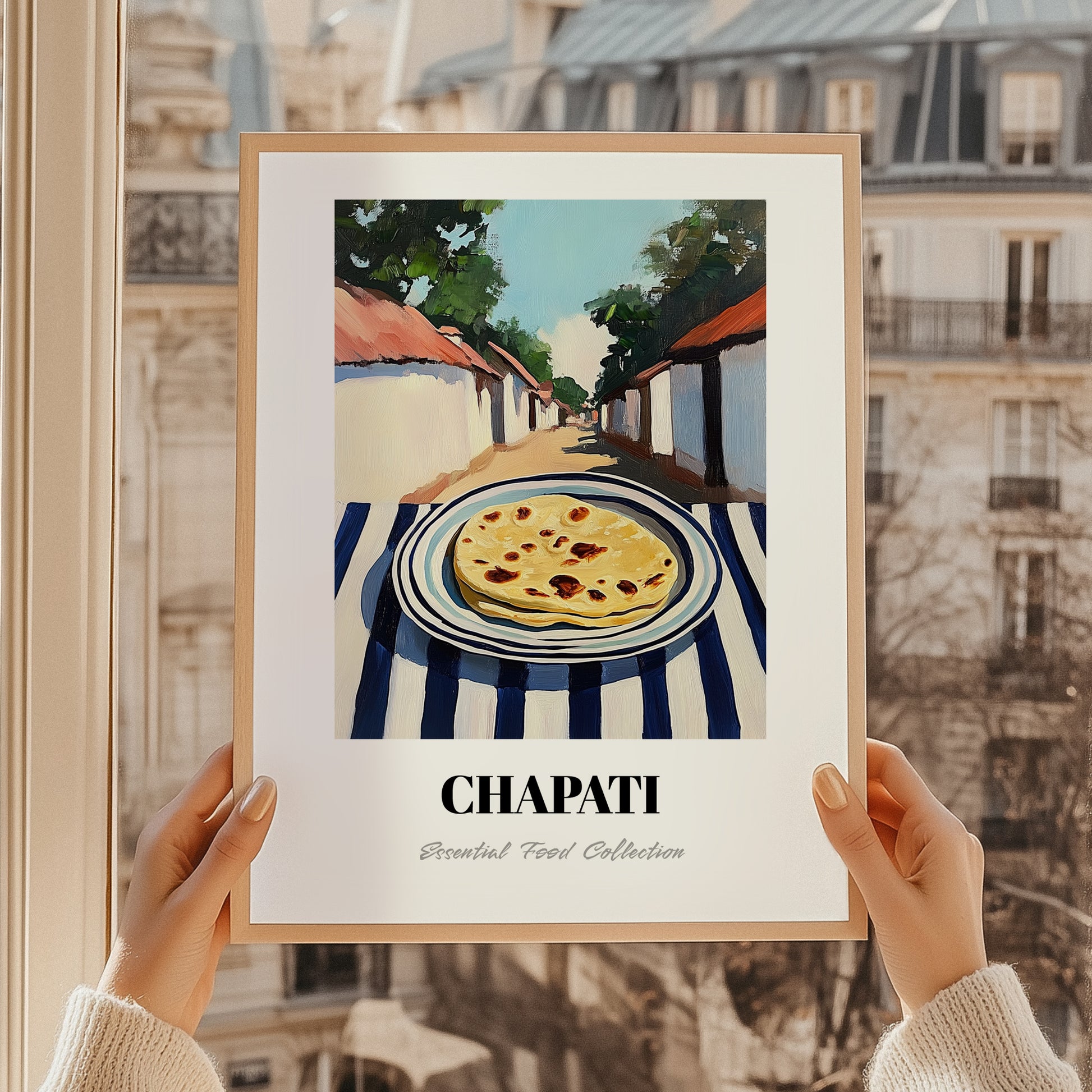 Chapati – Indian village Café on the Corner, Indian Food Painting, styled in a charming Paris street view