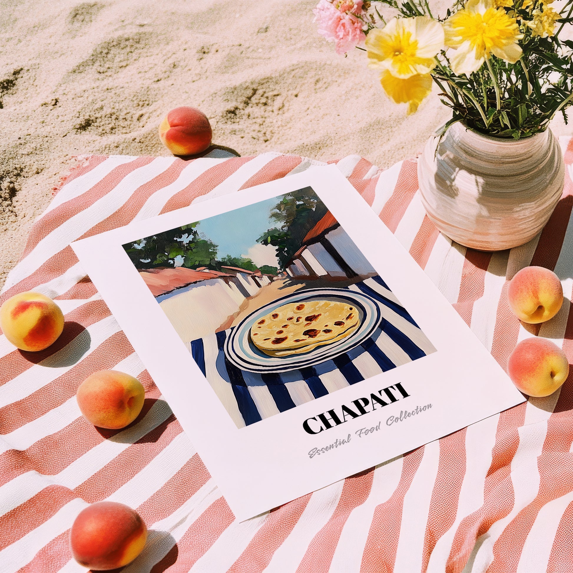 Chapati – Indian village Café on the Corner, Indian Food Painting, unframed on coastal sand