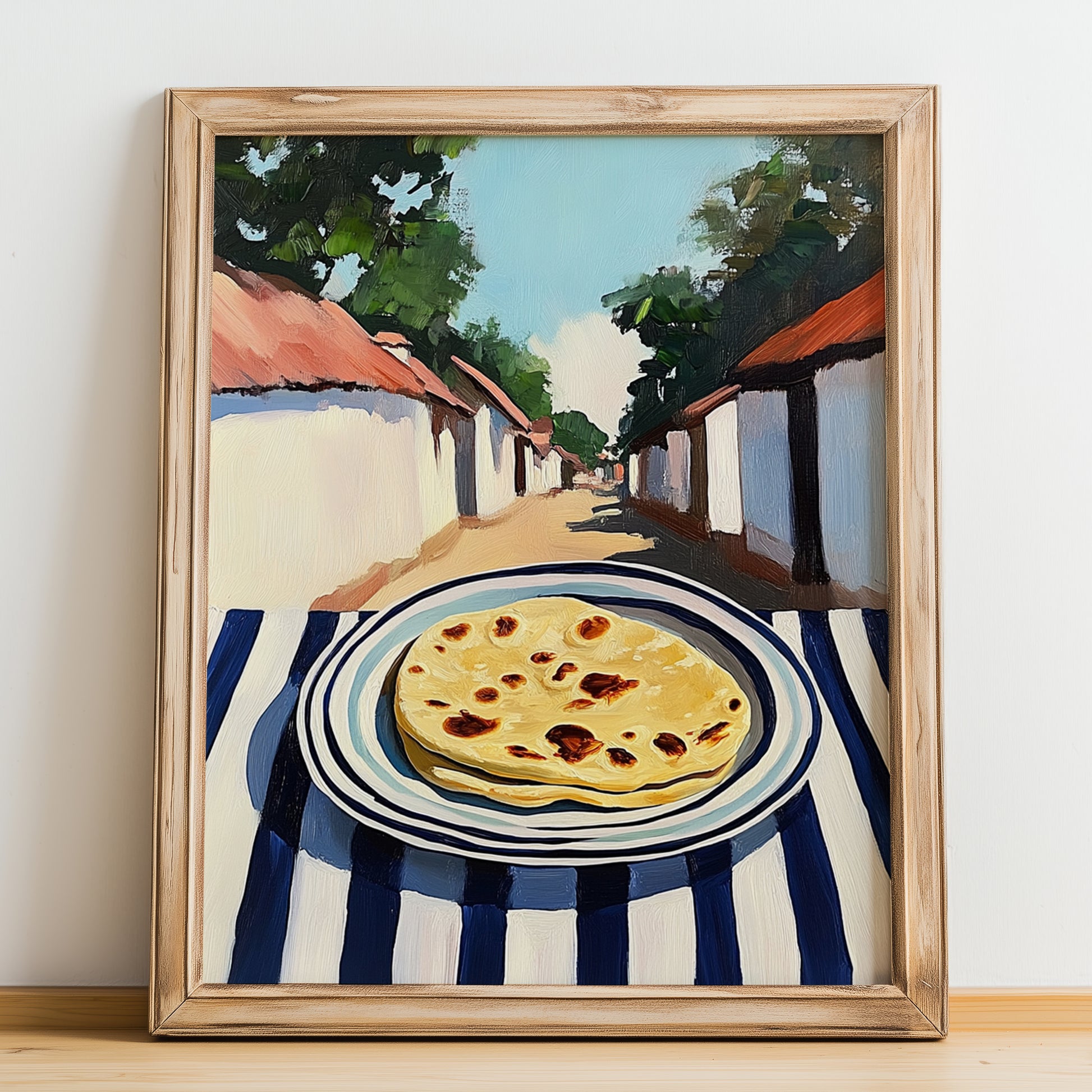 Chapati – Indian village Café on the Corner, Indian Food Painting, no-text version framed in wood