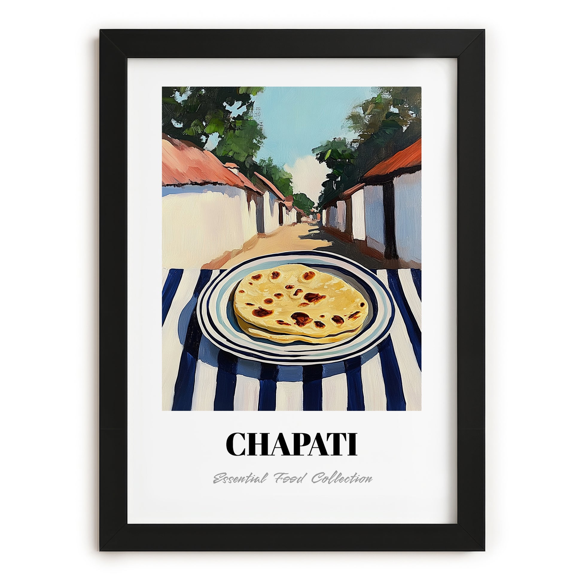 Chapati – Indian village Café on the Corner, Indian Food Painting, in sleek black frame