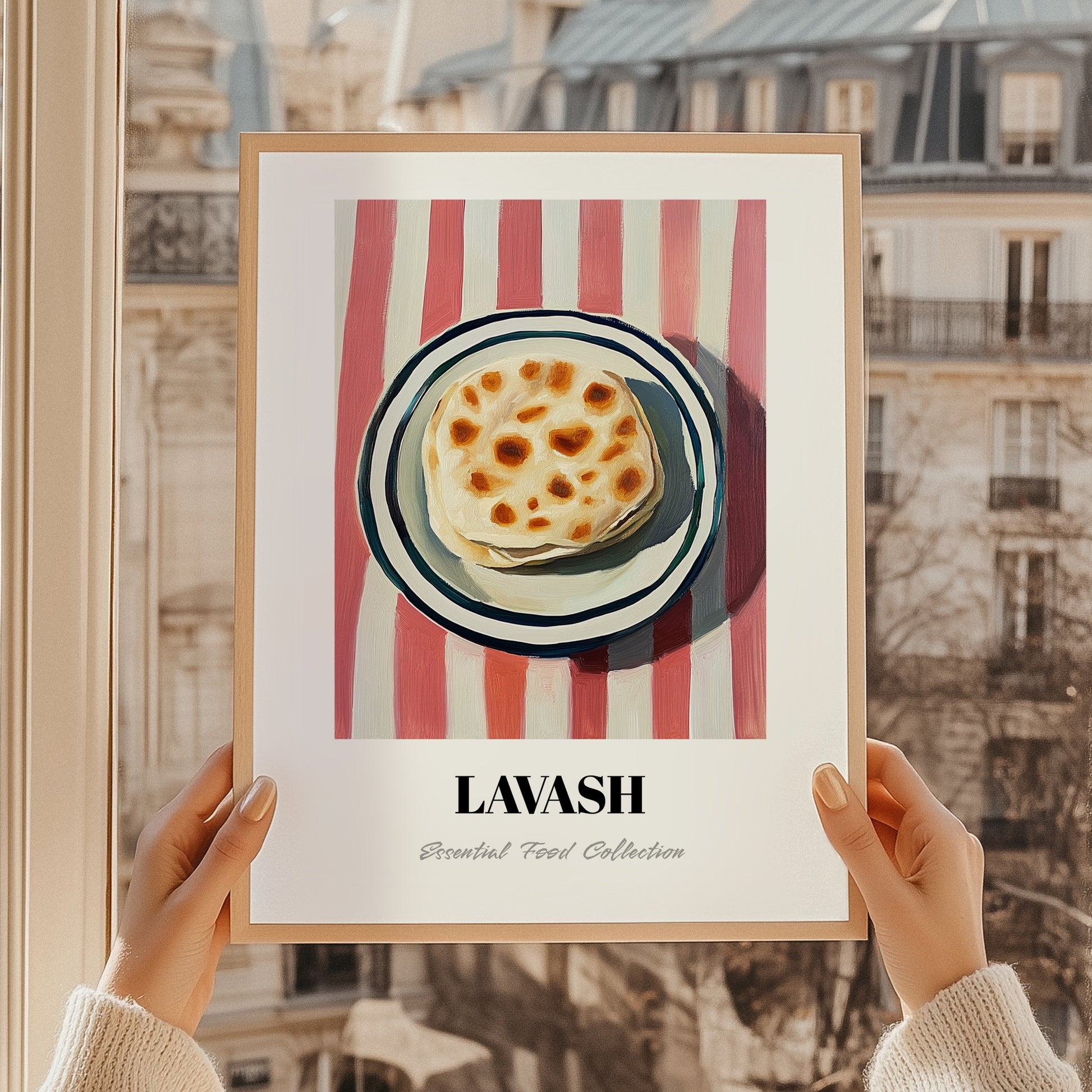 Lavash – on Striped Tablecloth, Armenian Food Poster, styled in a charming Paris street view