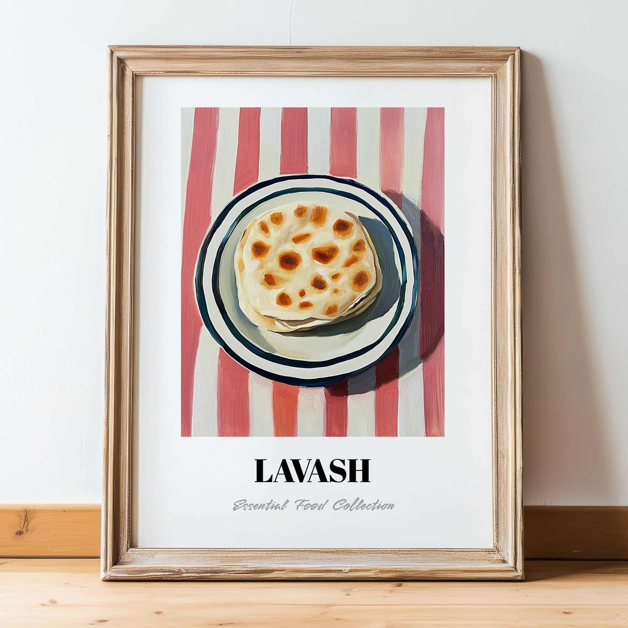 Lavash – on Striped Tablecloth, Armenian Food Poster, in wooden frame leaning on the floor
