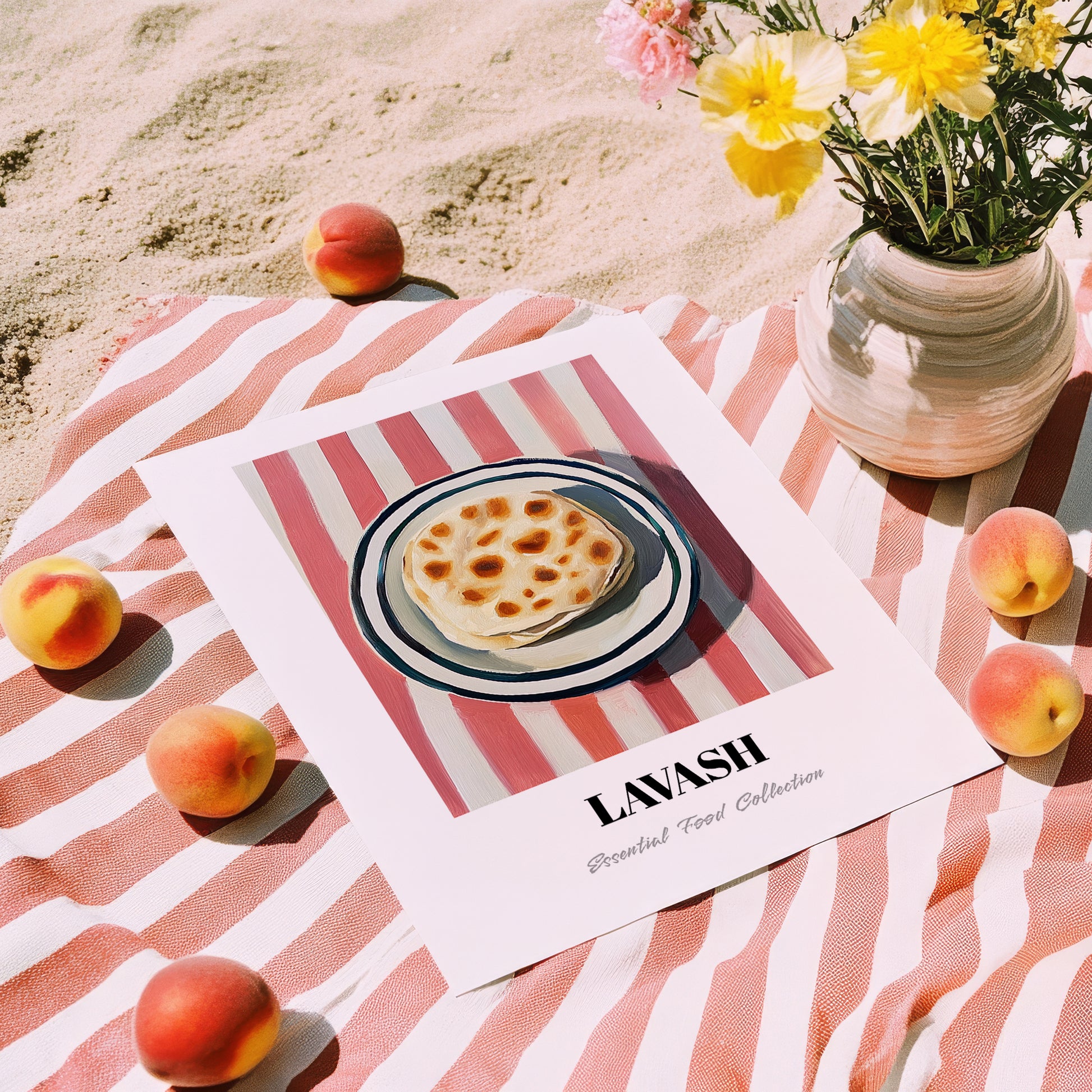 Lavash – on Striped Tablecloth, Armenian Food Poster, unframed on coastal sand