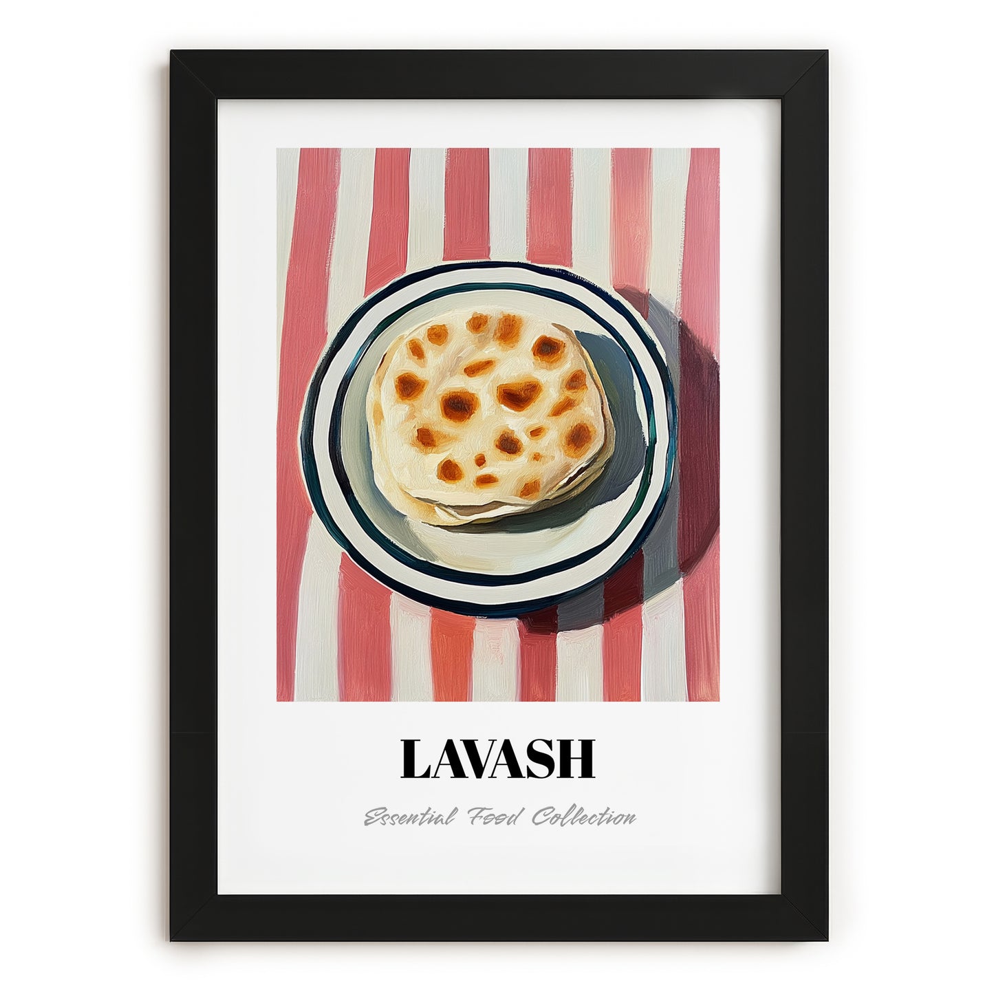 Lavash – on Striped Tablecloth, Armenian Food Poster, in sleek black frame