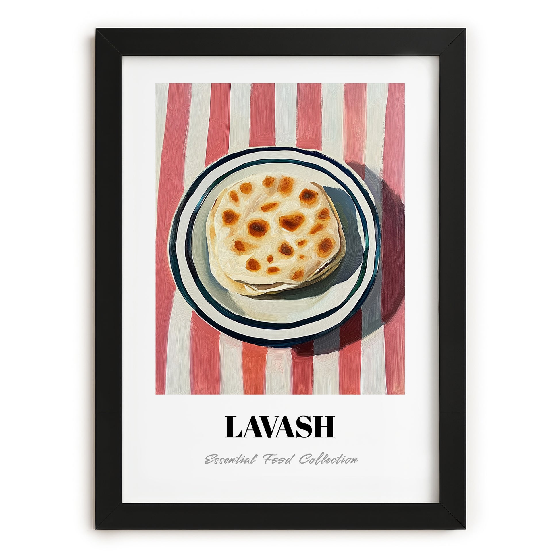 Lavash – on Striped Tablecloth, Armenian Food Poster, in sleek black frame