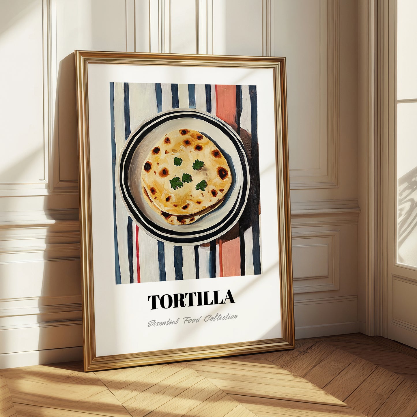 Tortilla – on Striped Tablecloth, Mexican Food Illustration
