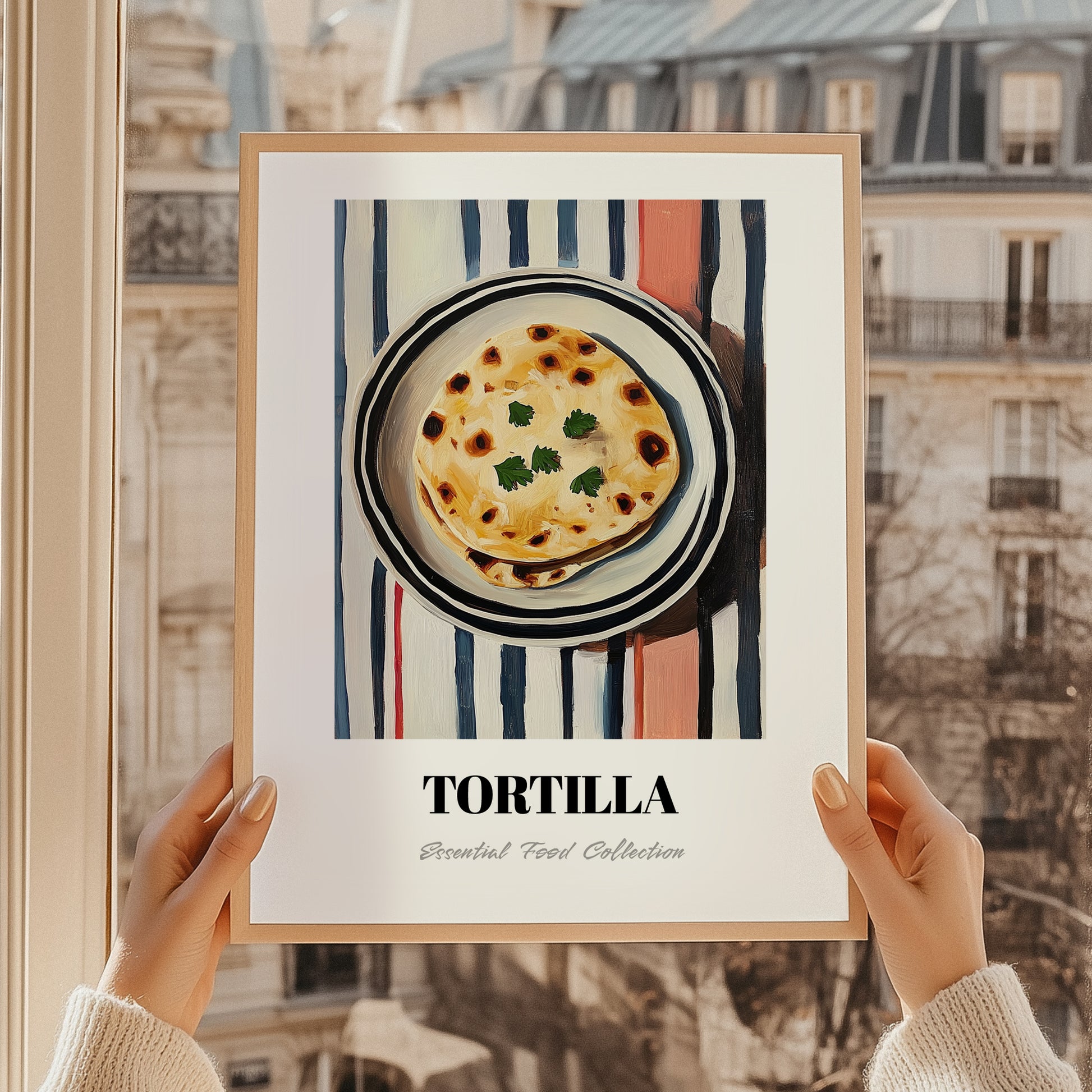 Tortilla – on Striped Tablecloth, Mexican Food Illustration, styled in a charming Paris street view