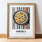 Tortilla – on Striped Tablecloth, Mexican Food Illustration, in wooden frame leaning on the floor