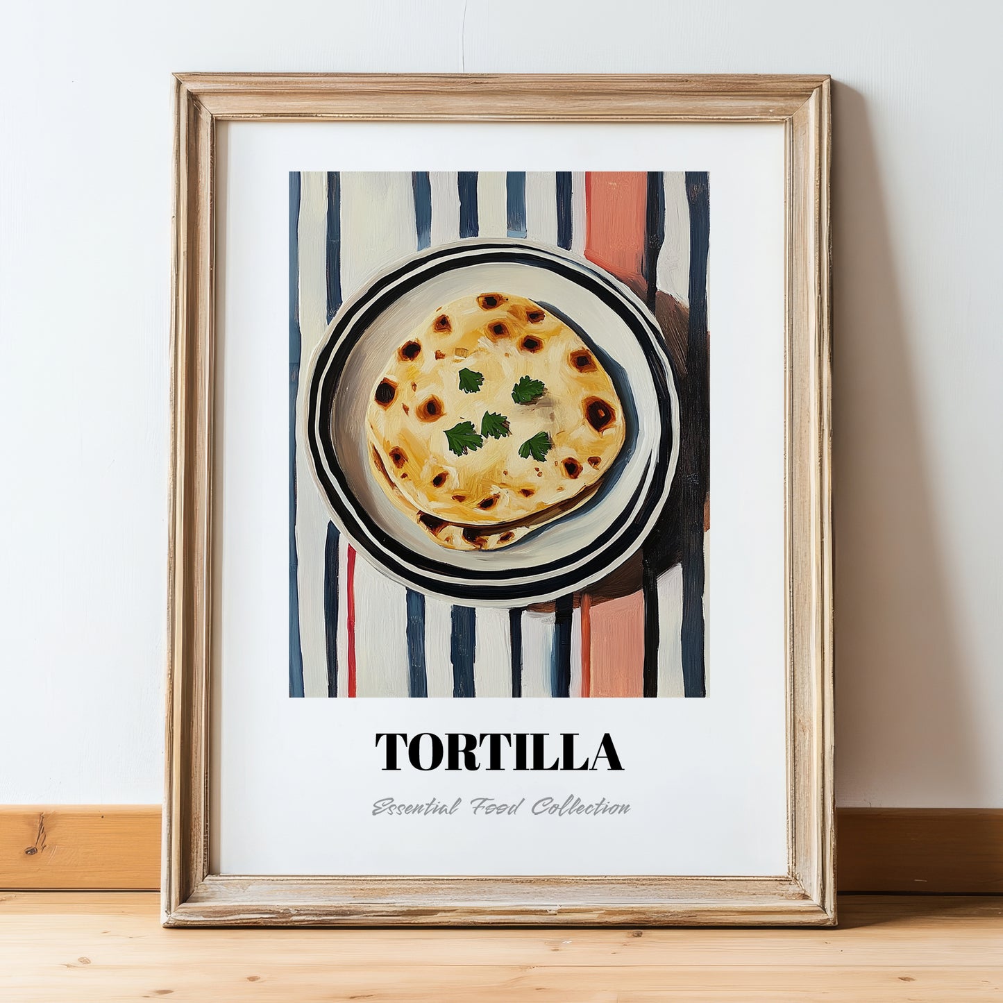 Tortilla – on Striped Tablecloth, Mexican Food Illustration, in wooden frame leaning on the floor