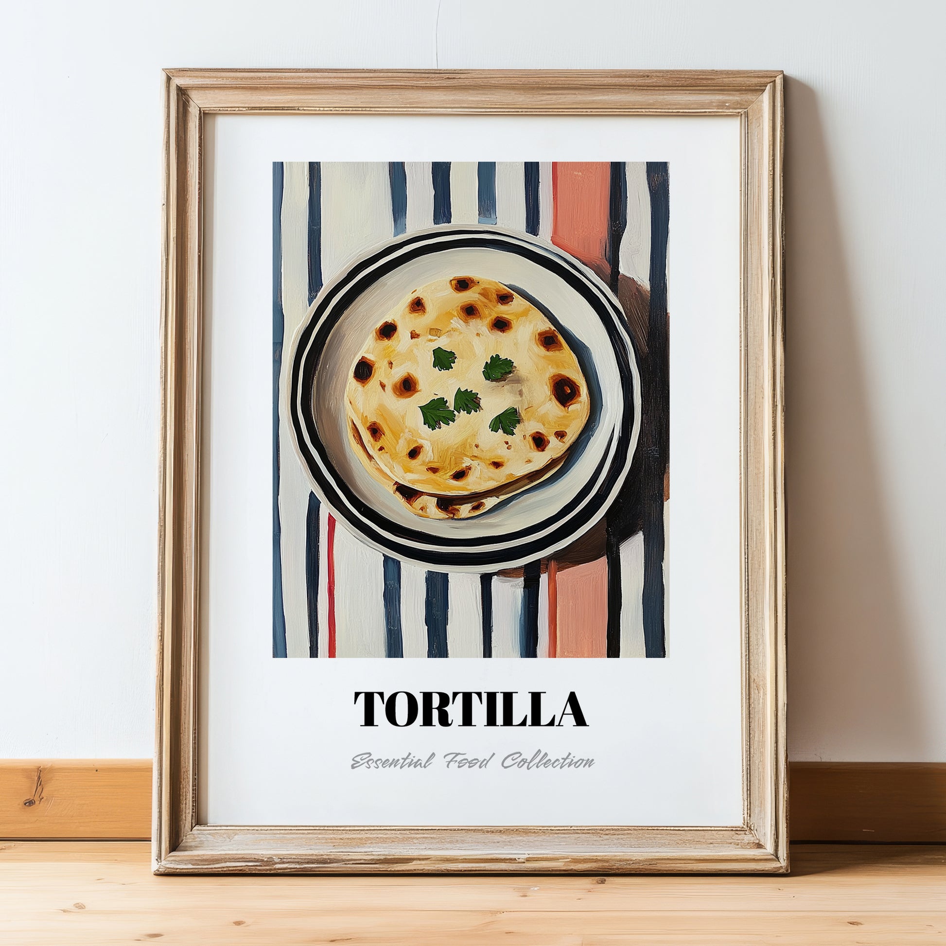Tortilla – on Striped Tablecloth, Mexican Food Illustration, in wooden frame leaning on the floor