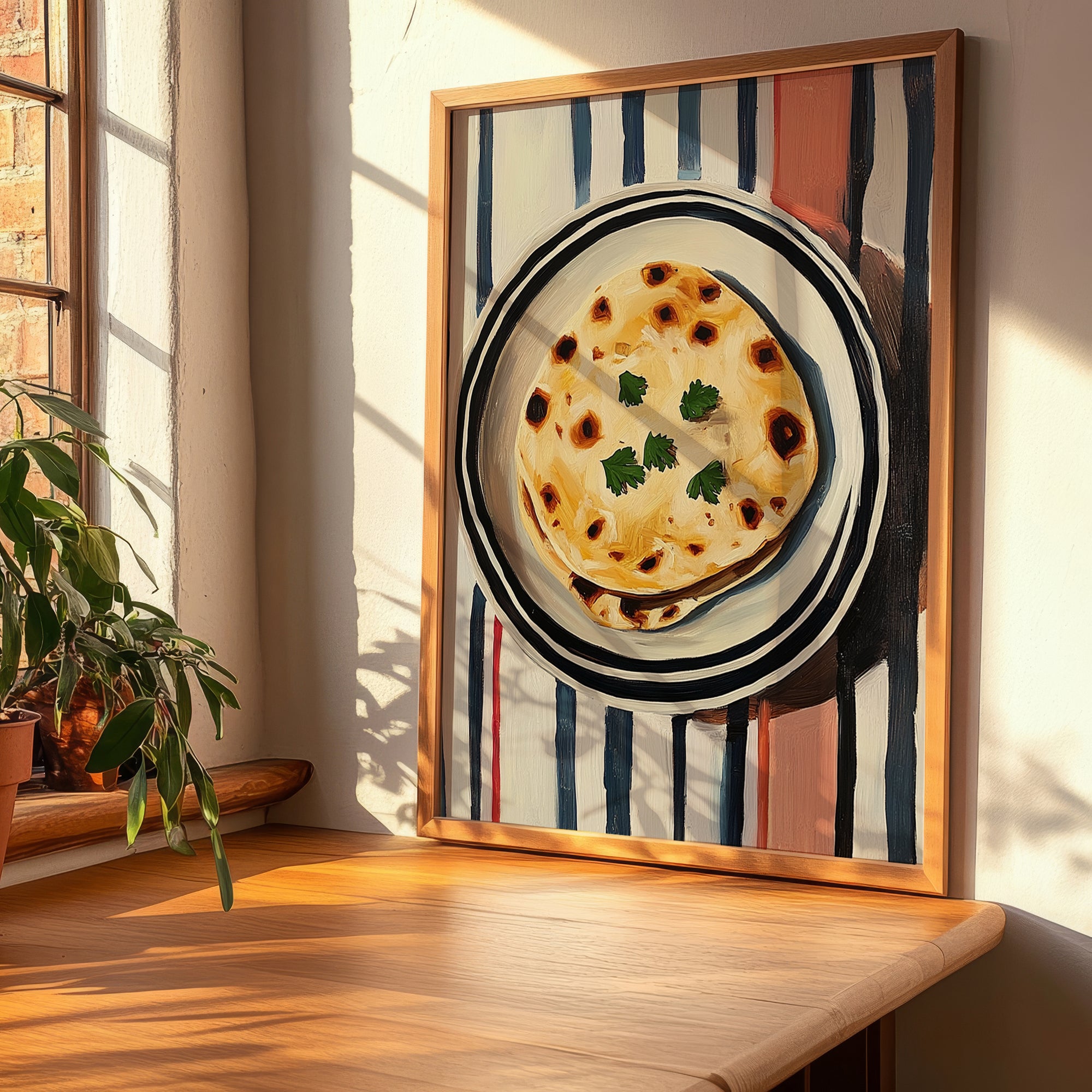 Tortilla – on Striped Tablecloth, Mexican Food Illustration, clean layout with no caption