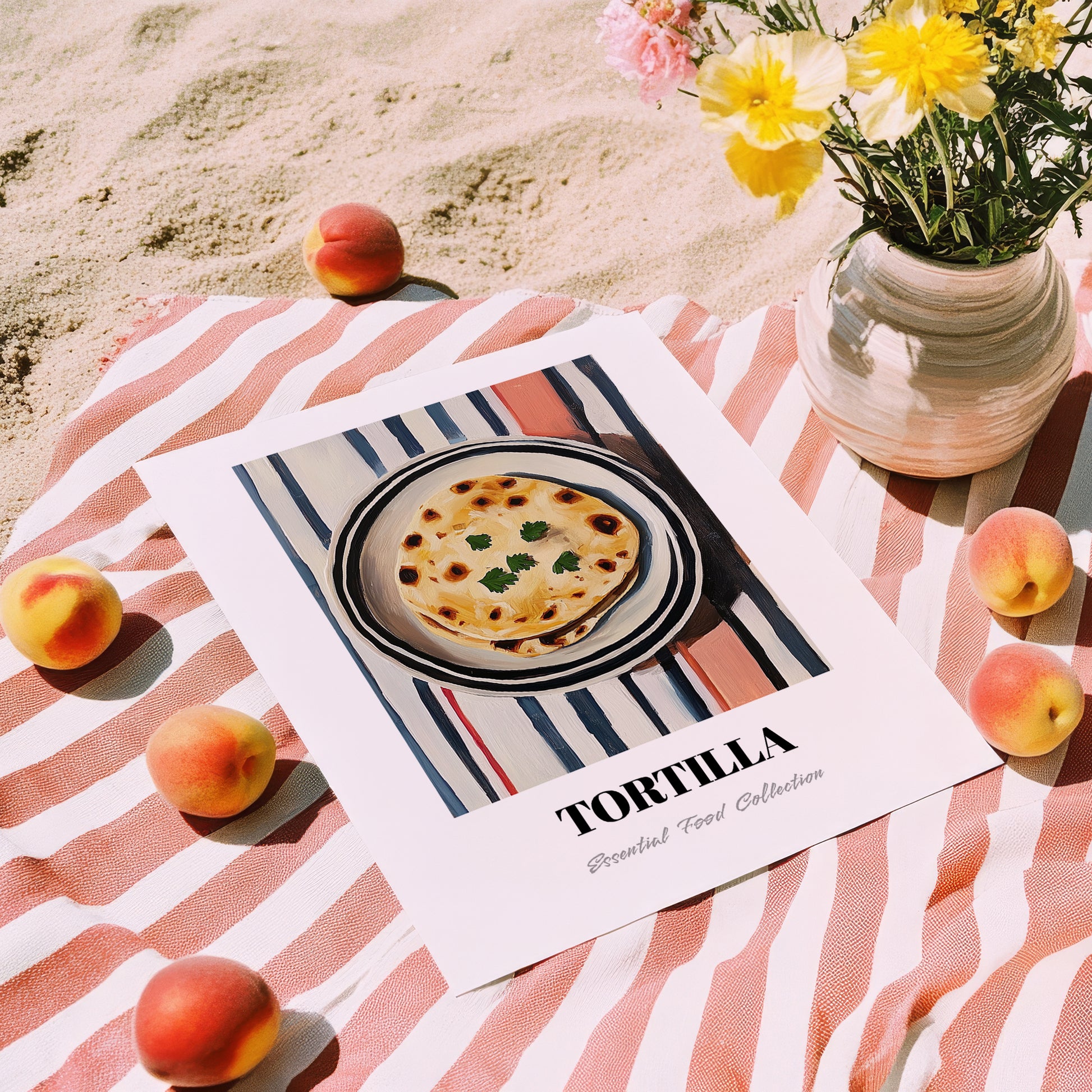 Tortilla – on Striped Tablecloth, Mexican Food Illustration, unframed on coastal sand