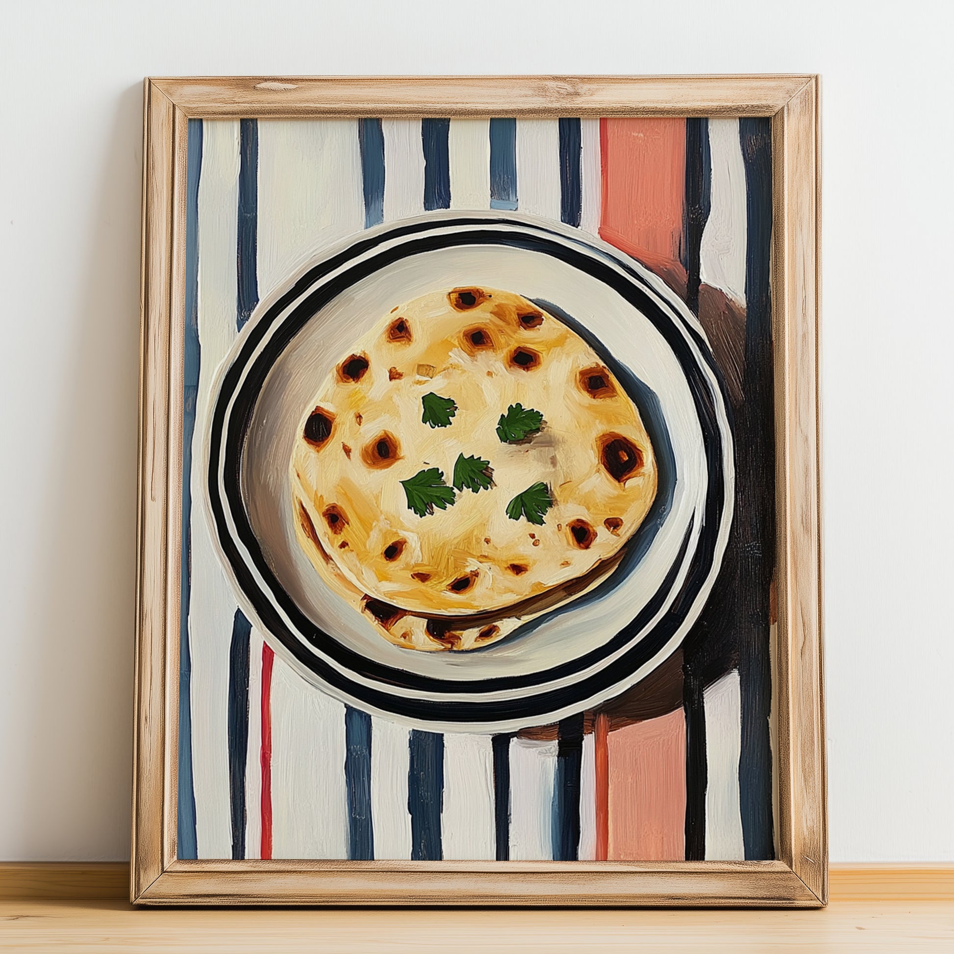 Tortilla – on Striped Tablecloth, Mexican Food Illustration, no-text version framed in wood