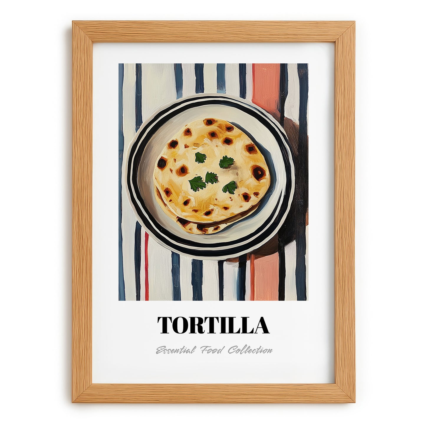 Tortilla – on Striped Tablecloth, Mexican Food Illustration, set in oak frame