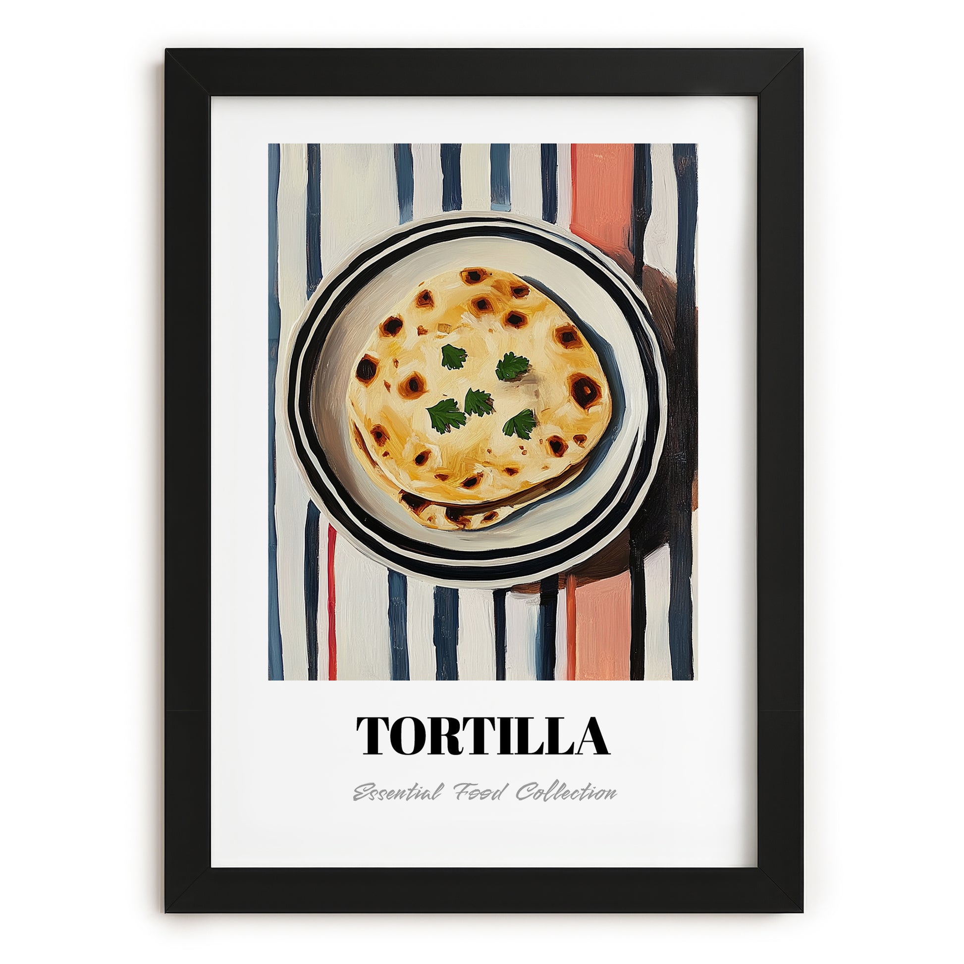 Tortilla – on Striped Tablecloth, Mexican Food Illustration, in sleek black frame