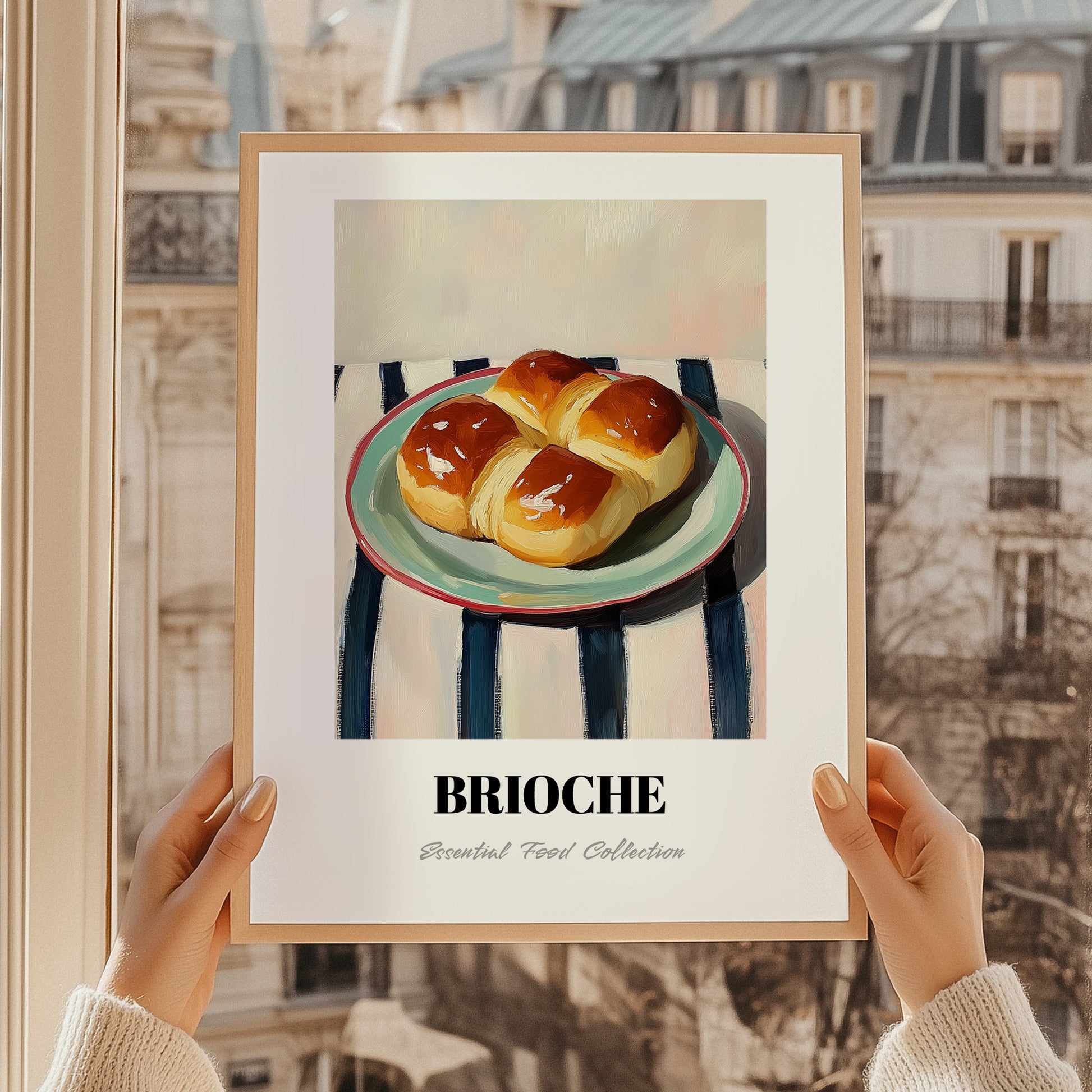 Brioche – on Striped Tablecloth, French Pastry Painting, styled in a charming Paris street view