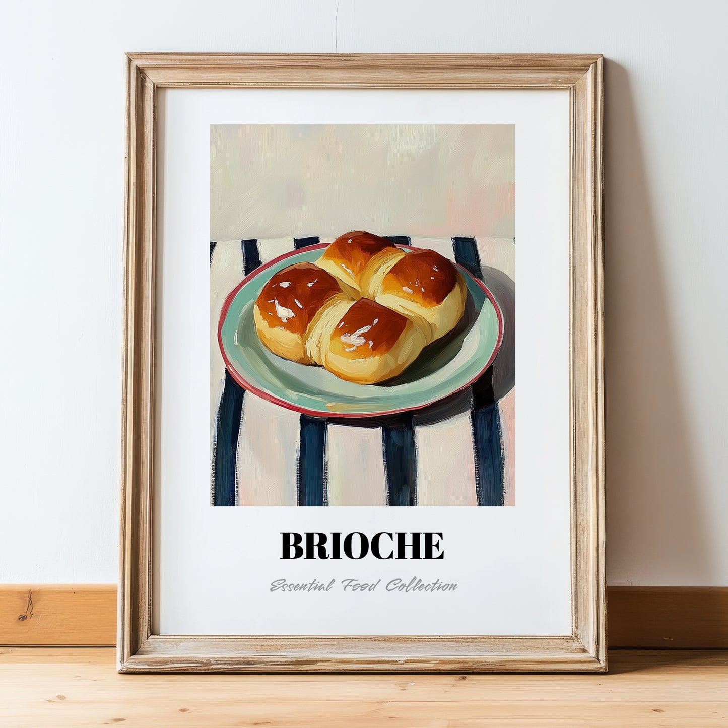 Brioche – on Striped Tablecloth, French Pastry Painting, in wooden frame leaning on the floor