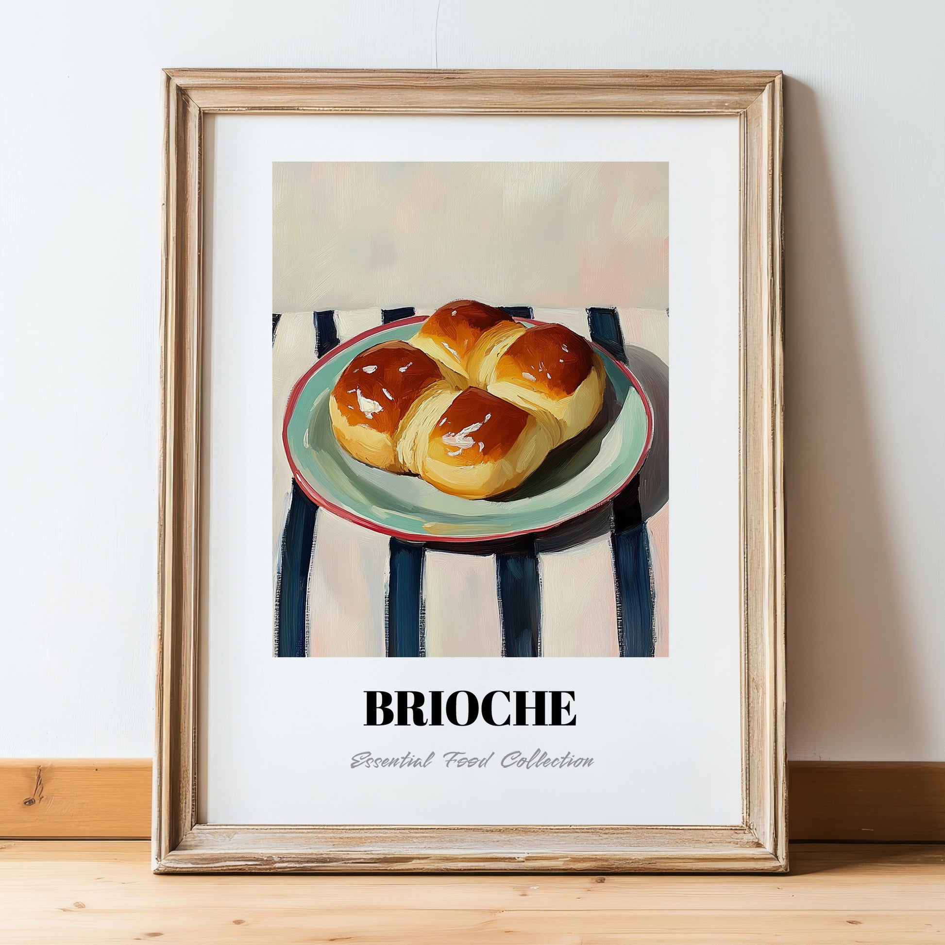 Brioche – on Striped Tablecloth, French Pastry Painting, in wooden frame leaning on the floor
