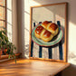 Brioche – on Striped Tablecloth, French Pastry Painting, clean layout with no caption