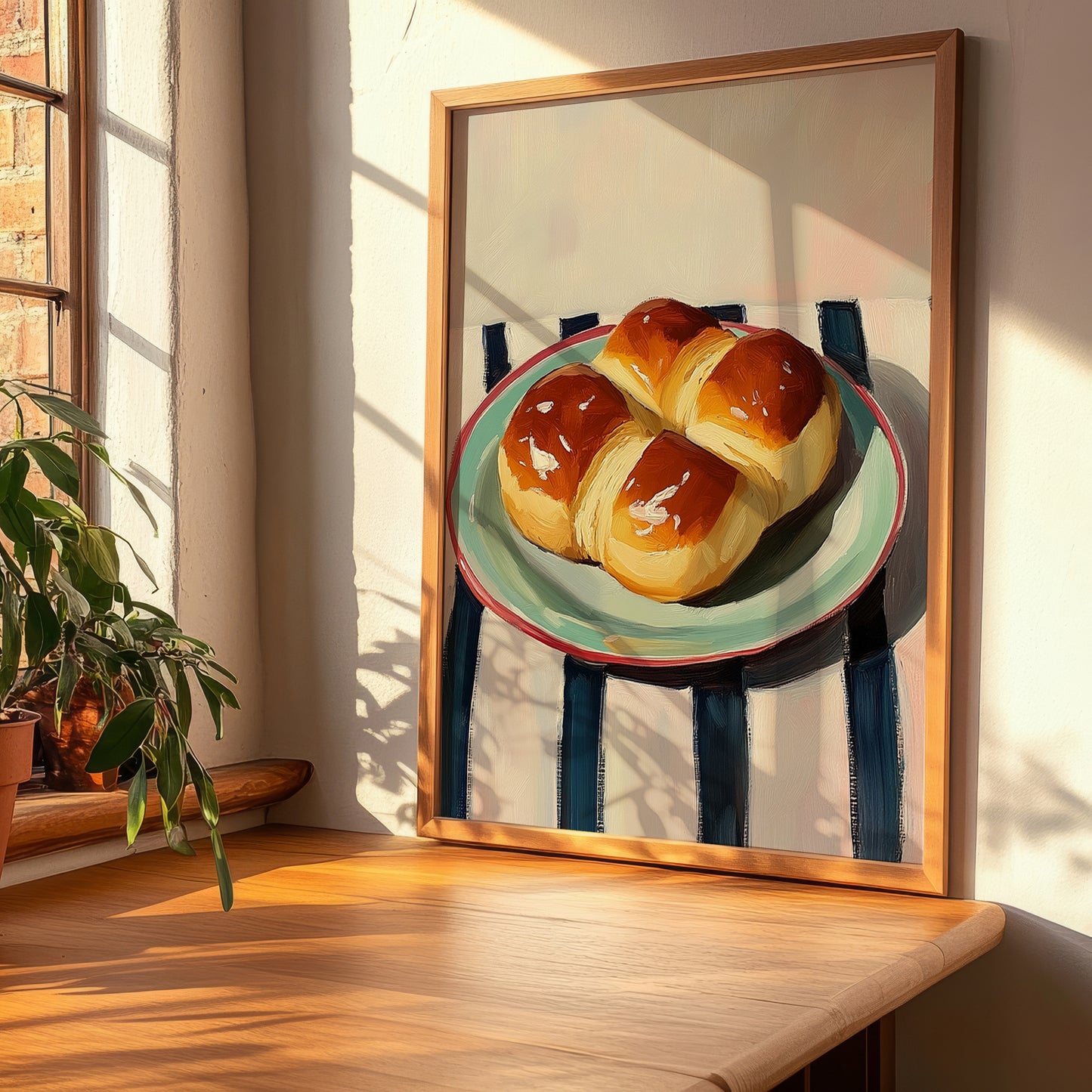 Brioche – on Striped Tablecloth, French Pastry Painting, clean layout with no caption
