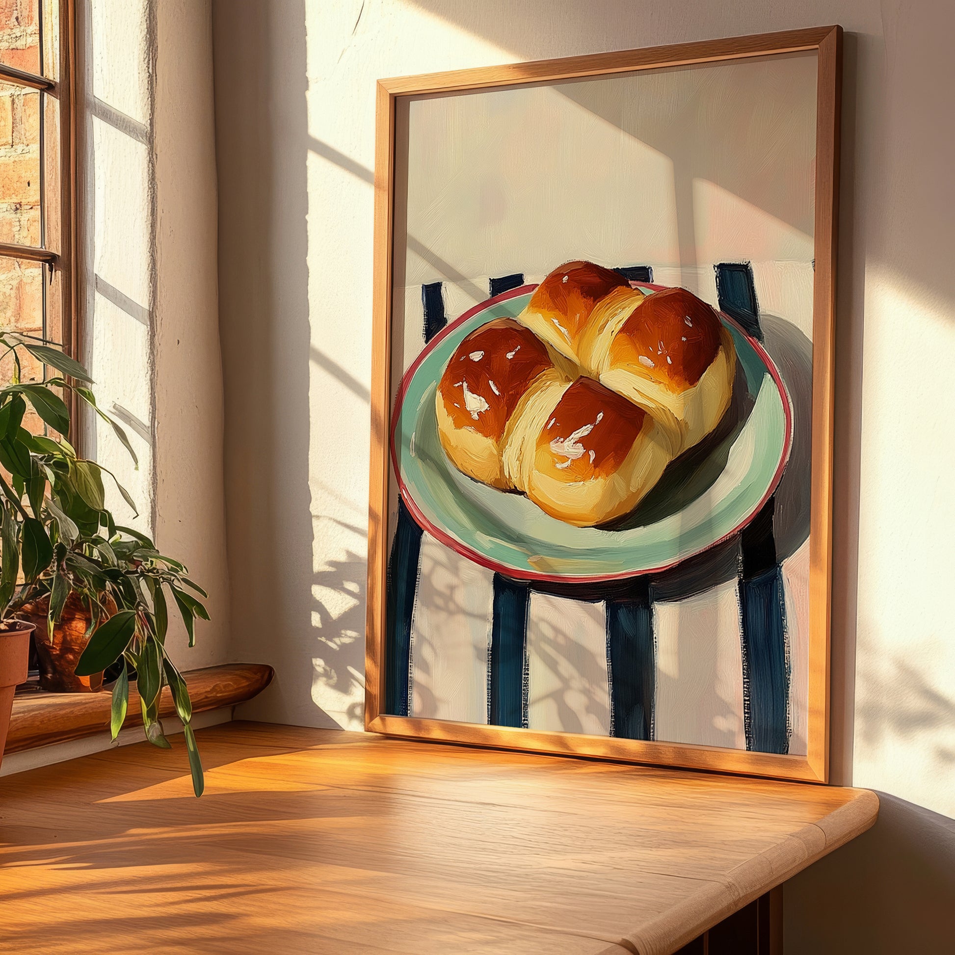 Brioche – on Striped Tablecloth, French Pastry Painting, clean layout with no caption