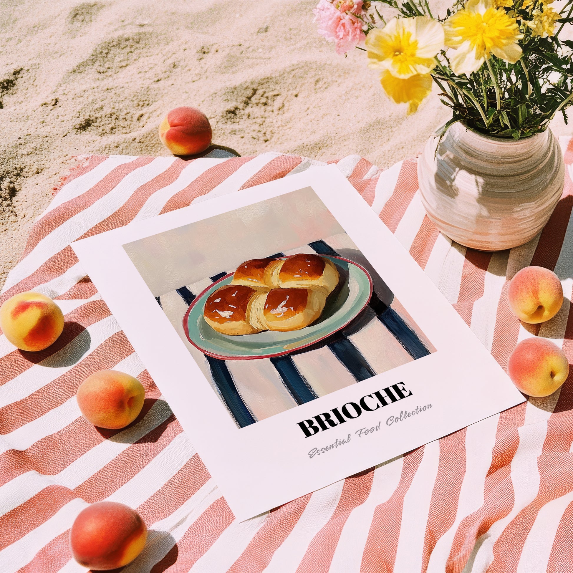 Brioche – on Striped Tablecloth, French Pastry Painting, unframed on coastal sand