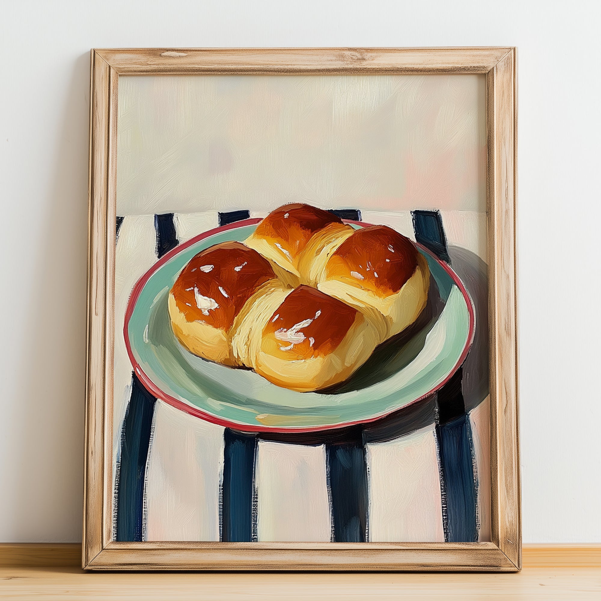 Brioche – on Striped Tablecloth, French Pastry Painting, no-text version framed in wood